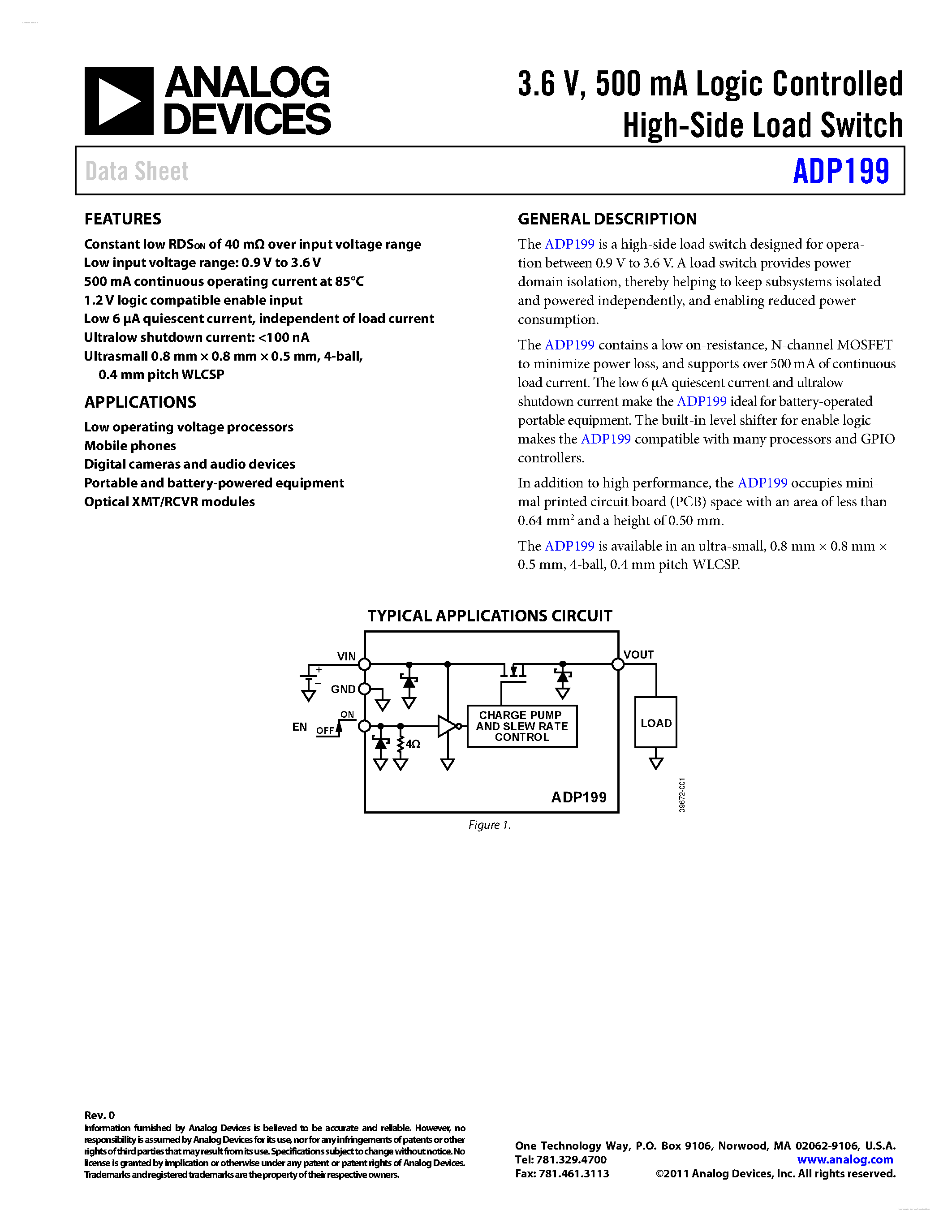 Datasheet ADP199 - 500 mA Logic Controlled High-Side Load Switch page 1
