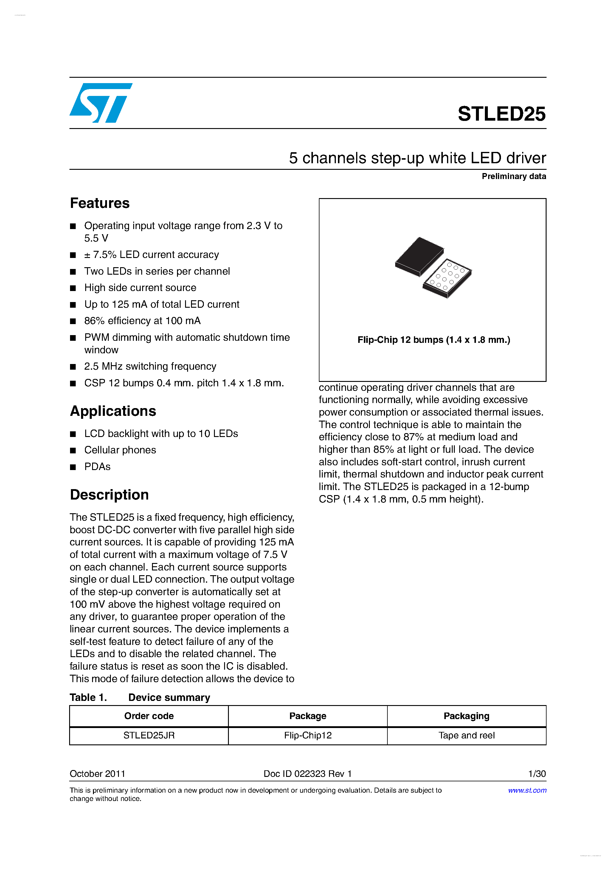Datasheet STLED25 - 5 channels step-up white LED driver page 1