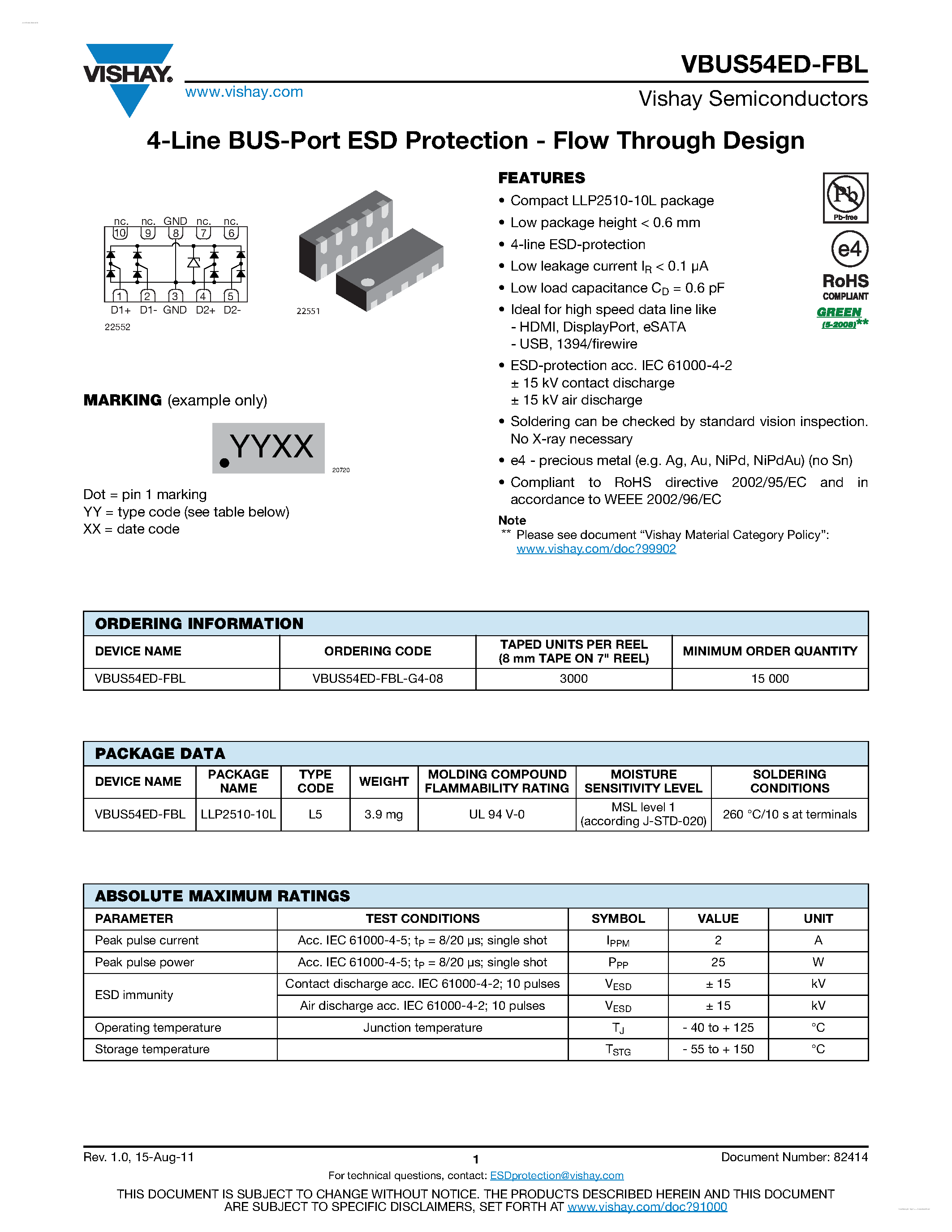 Даташит VBUS54ED-FBL - 4-Line BUS-Port ESD Protection - Flow Through Design страница 1