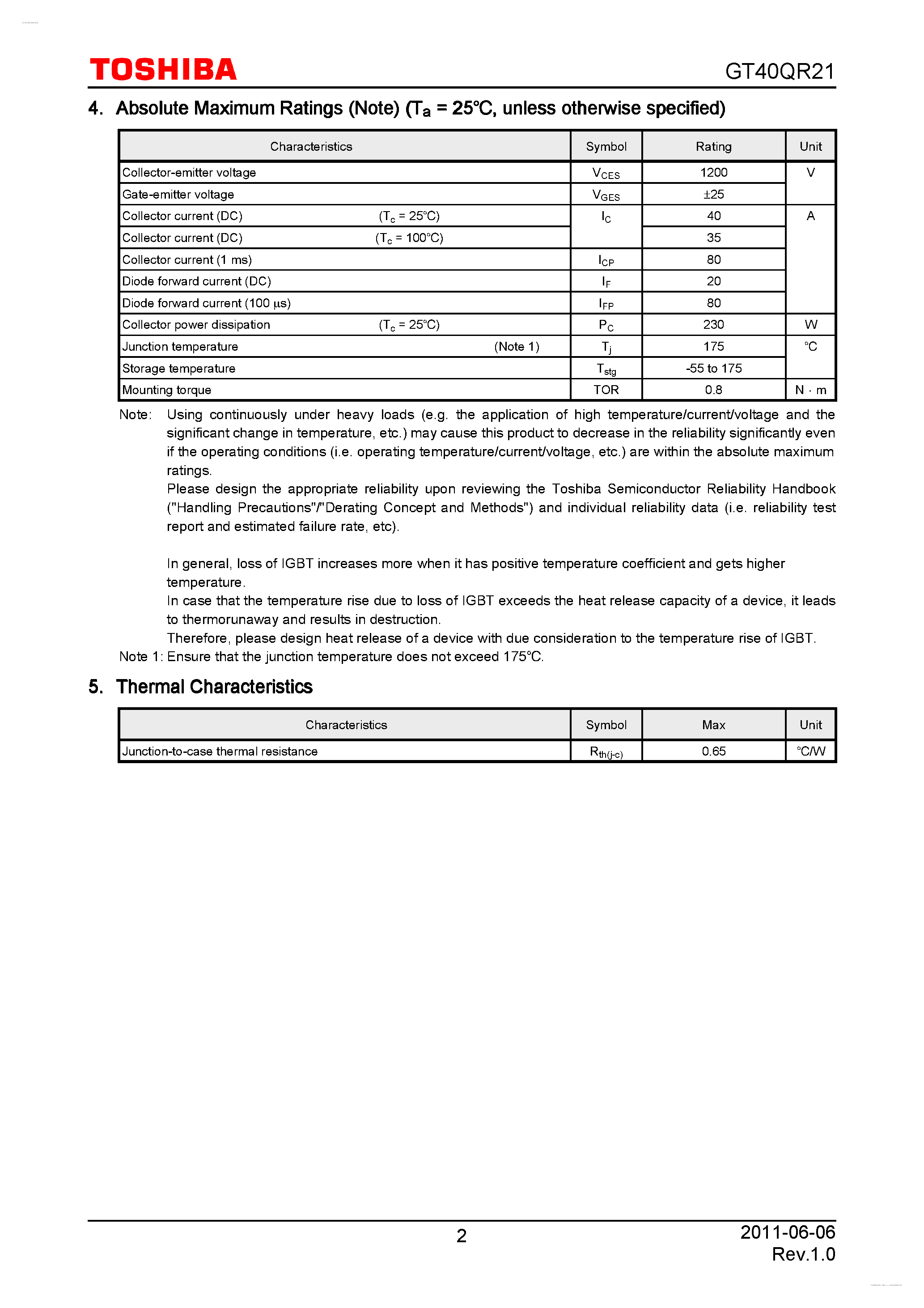 Datasheet GT40QR21 page 2 Datasheet GT40QR21 - Silicon N-Channel IGBT page 2
