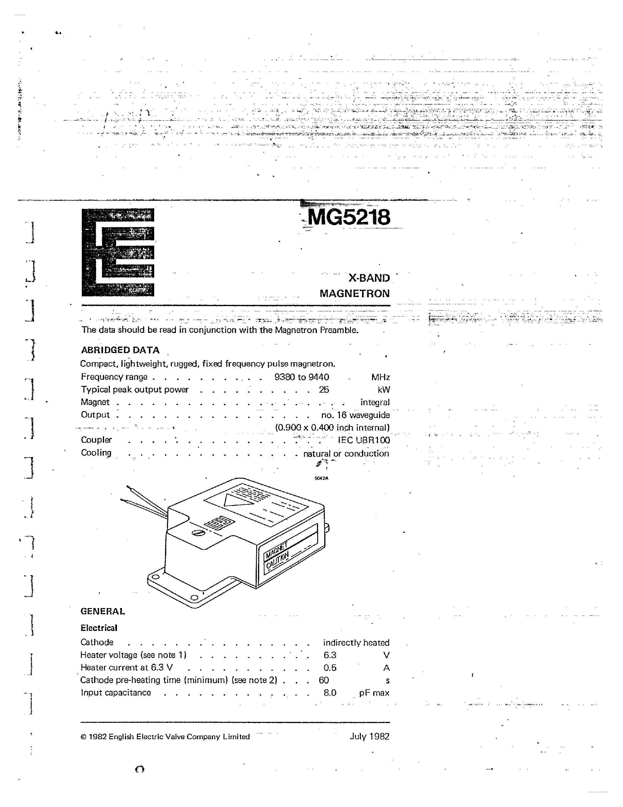 Datasheet MG5218 - X-Band Magnetron page 1