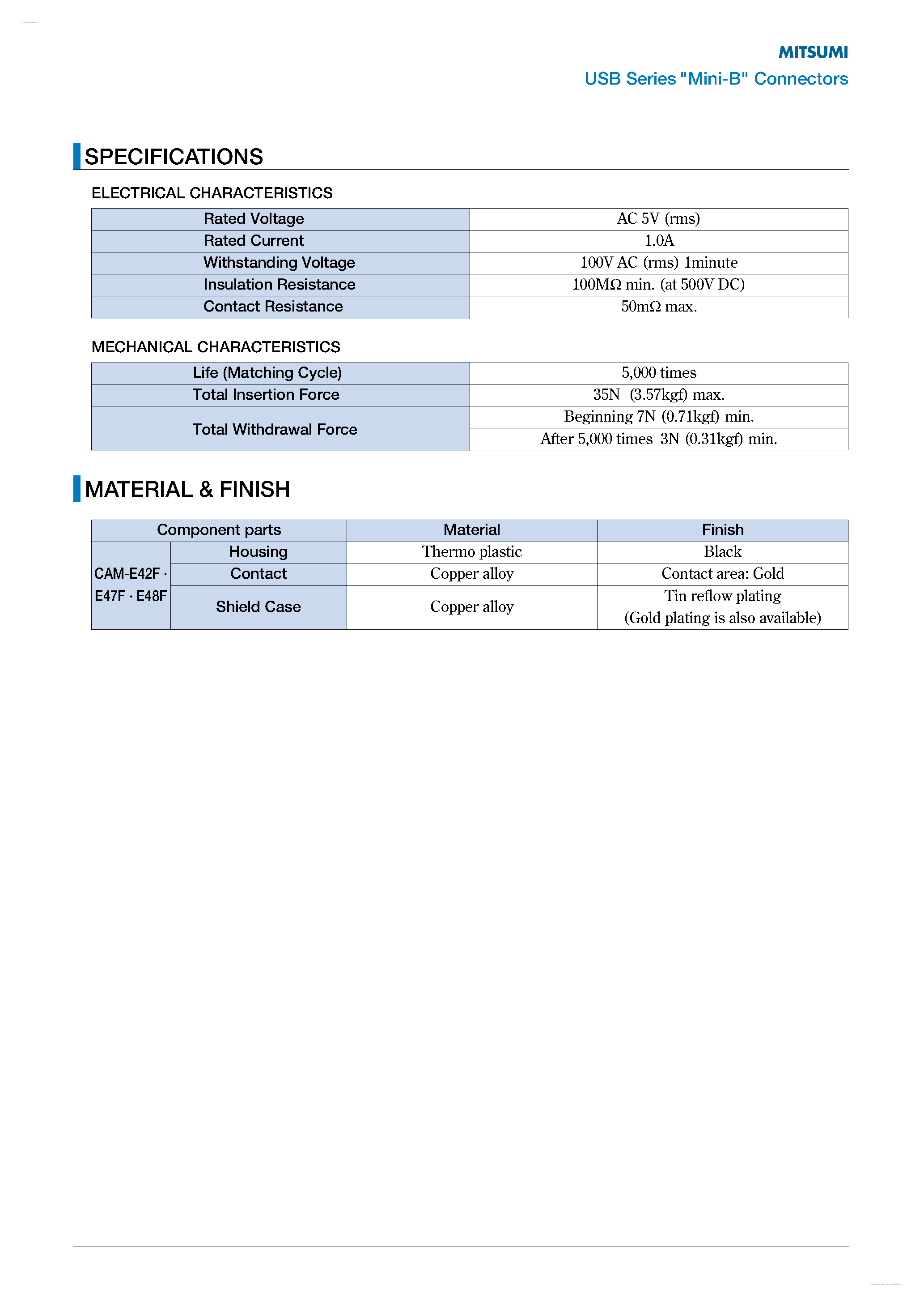 Datasheet E48F - USB Series Mini-B Connectors page 2