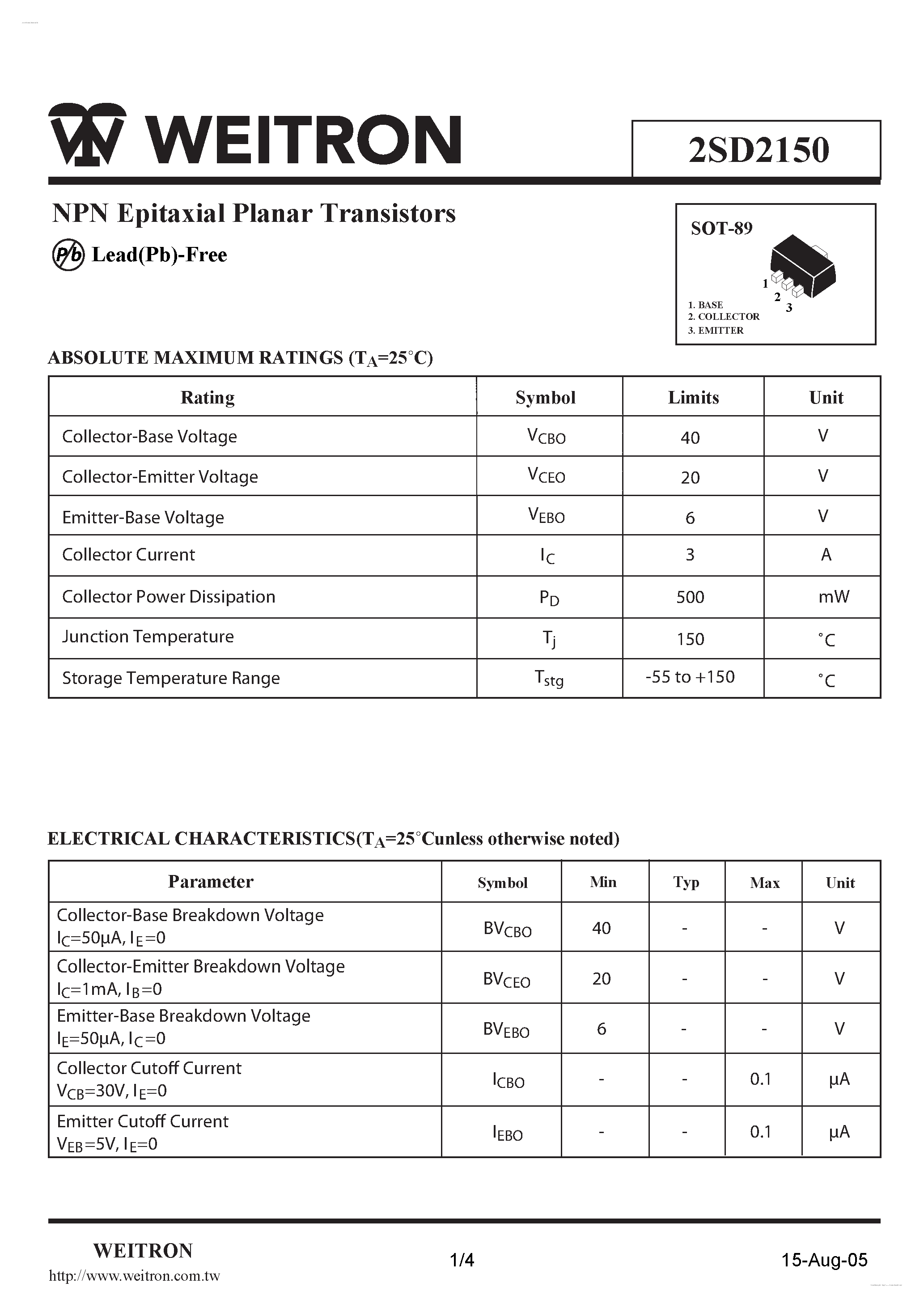 Даташит 2SD2150 - NPN Epitaxial Planar Transistors страница 1