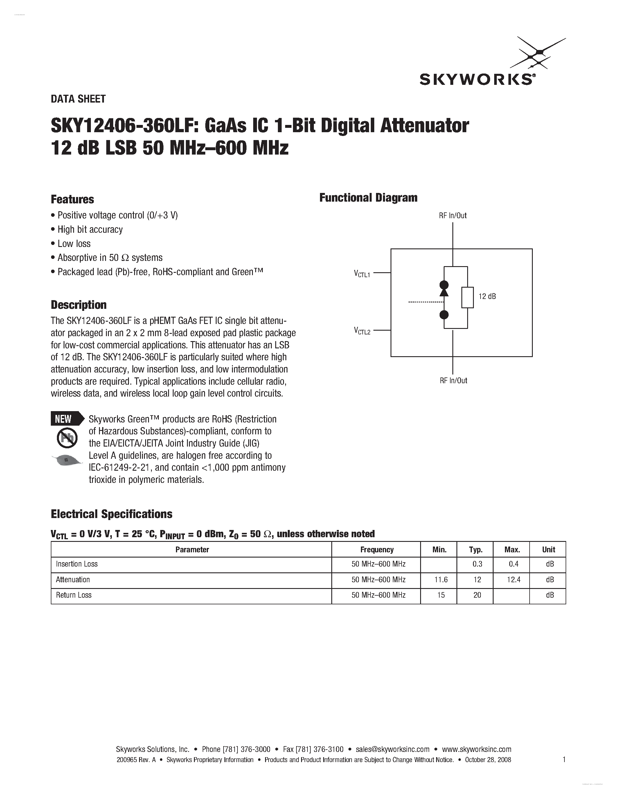 Datasheet SKY12406-360LF - GaAs IC 1-Bit Digital Attenuator page 1