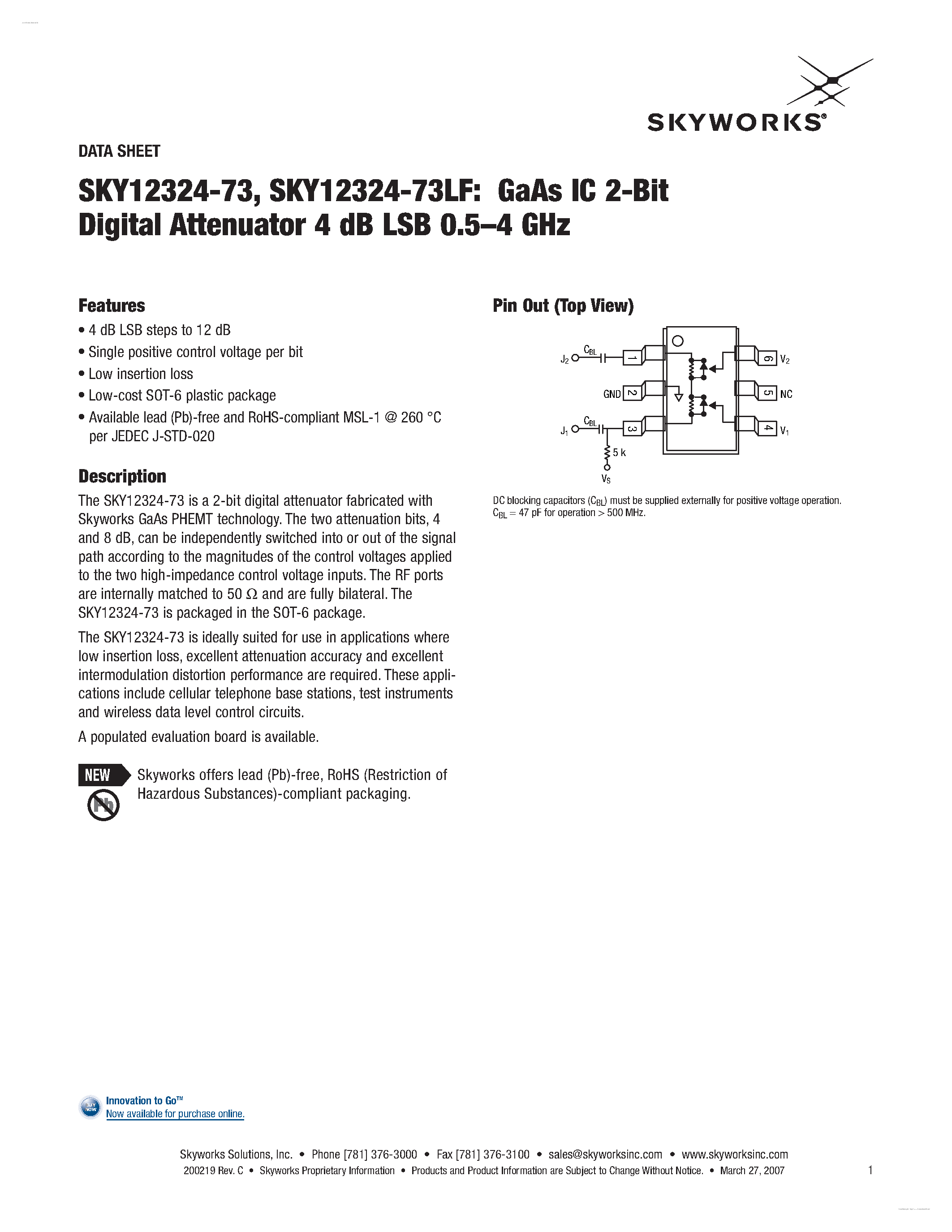 Datasheet SKY12324-73 page 1 Datasheet SKY12324-73 - GaAs IC 2-Bit Digital Attenuator page 1