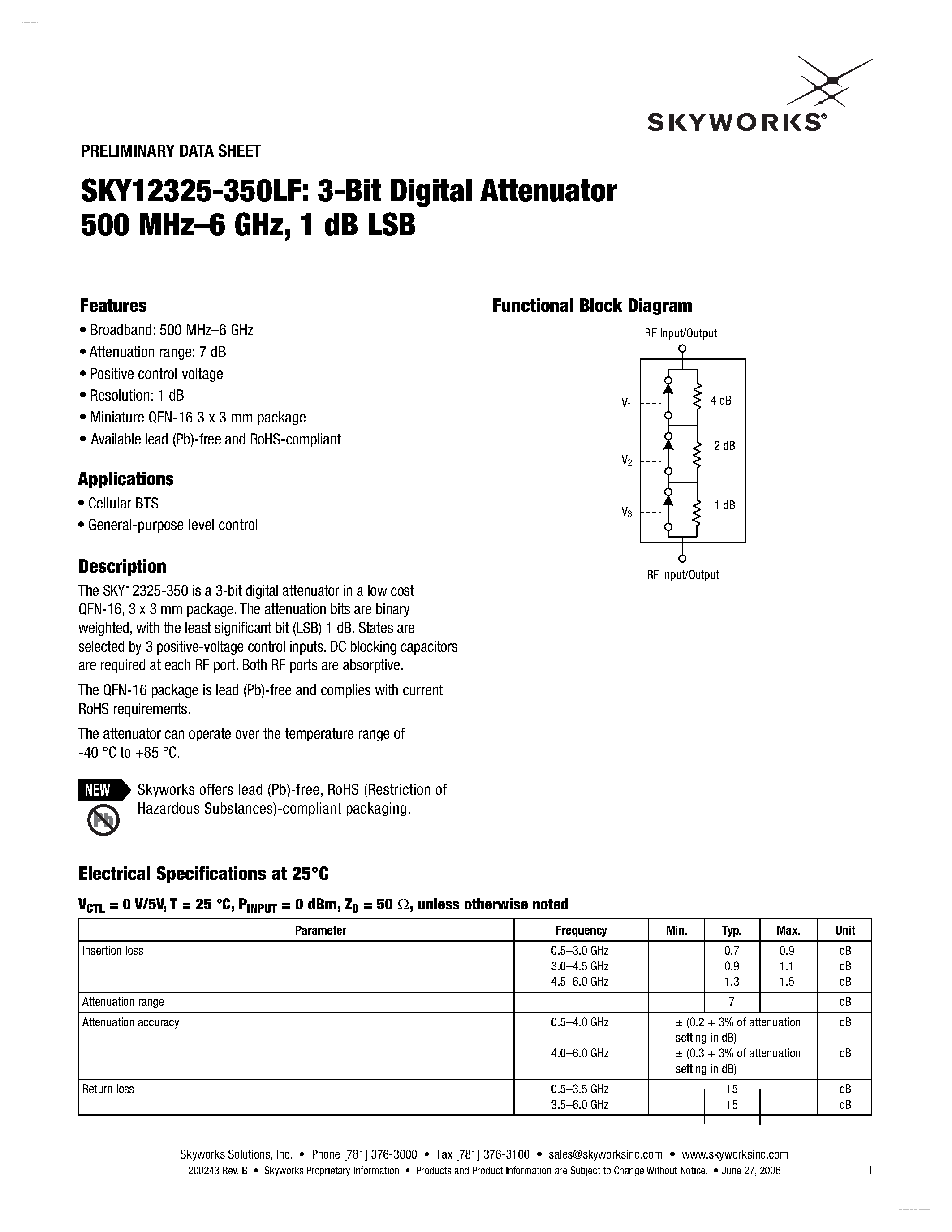 Datasheet SKY12325-350LF - 3-Bit Digital Attenuator page 1