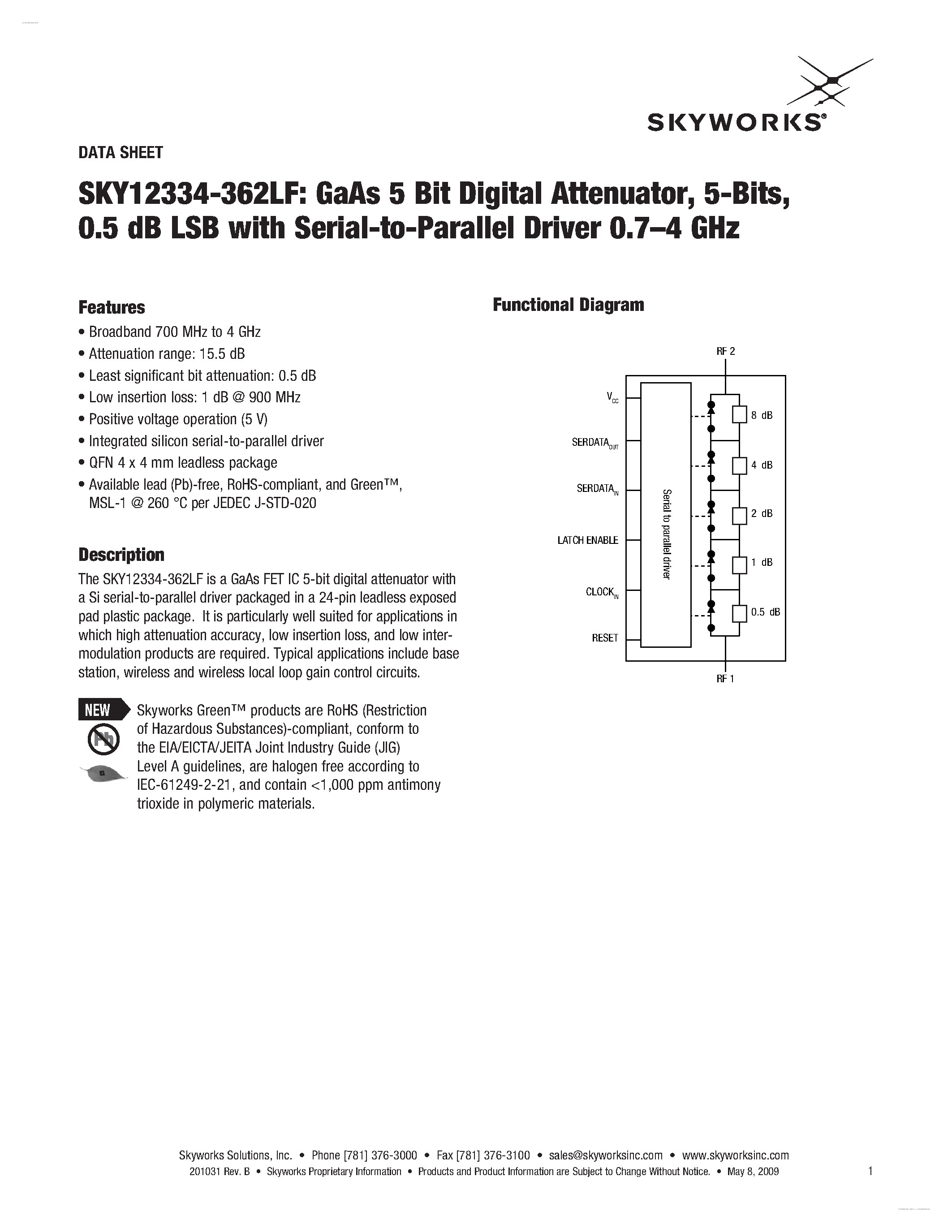 Datasheet SKY12334-362LF - GaAs 5 Bit Digital Attenuator page 1