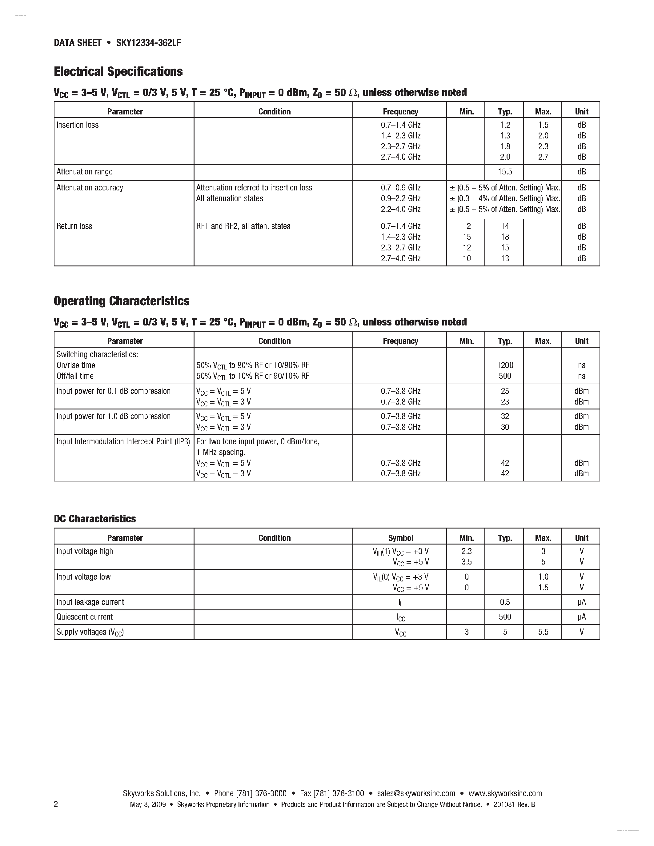 Datasheet SKY12334-362LF - GaAs 5 Bit Digital Attenuator page 2