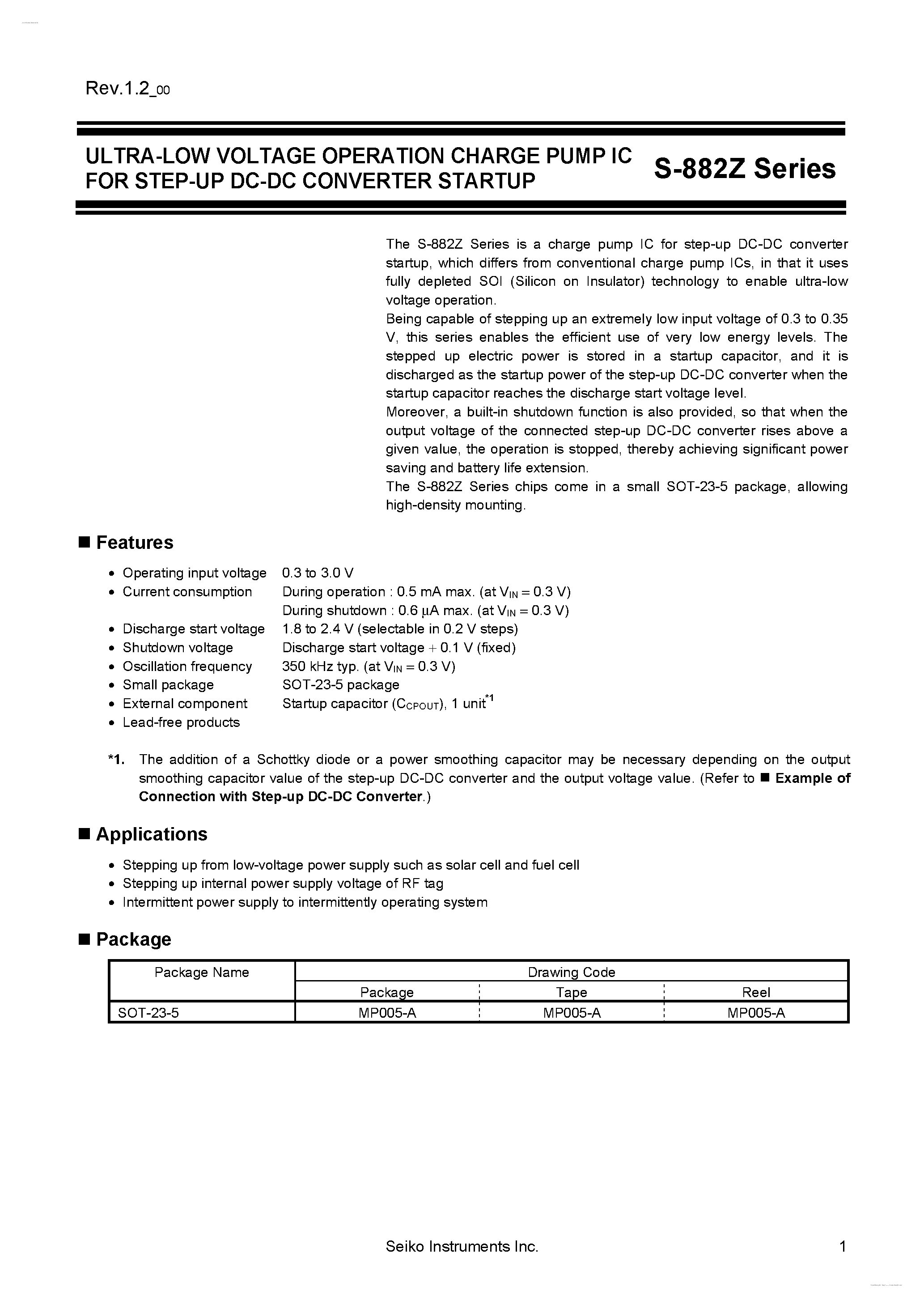 Datasheet S-882Z - ULTRA-LOW VOLTAGE OPERATION CHARGE PUMP IC page 1