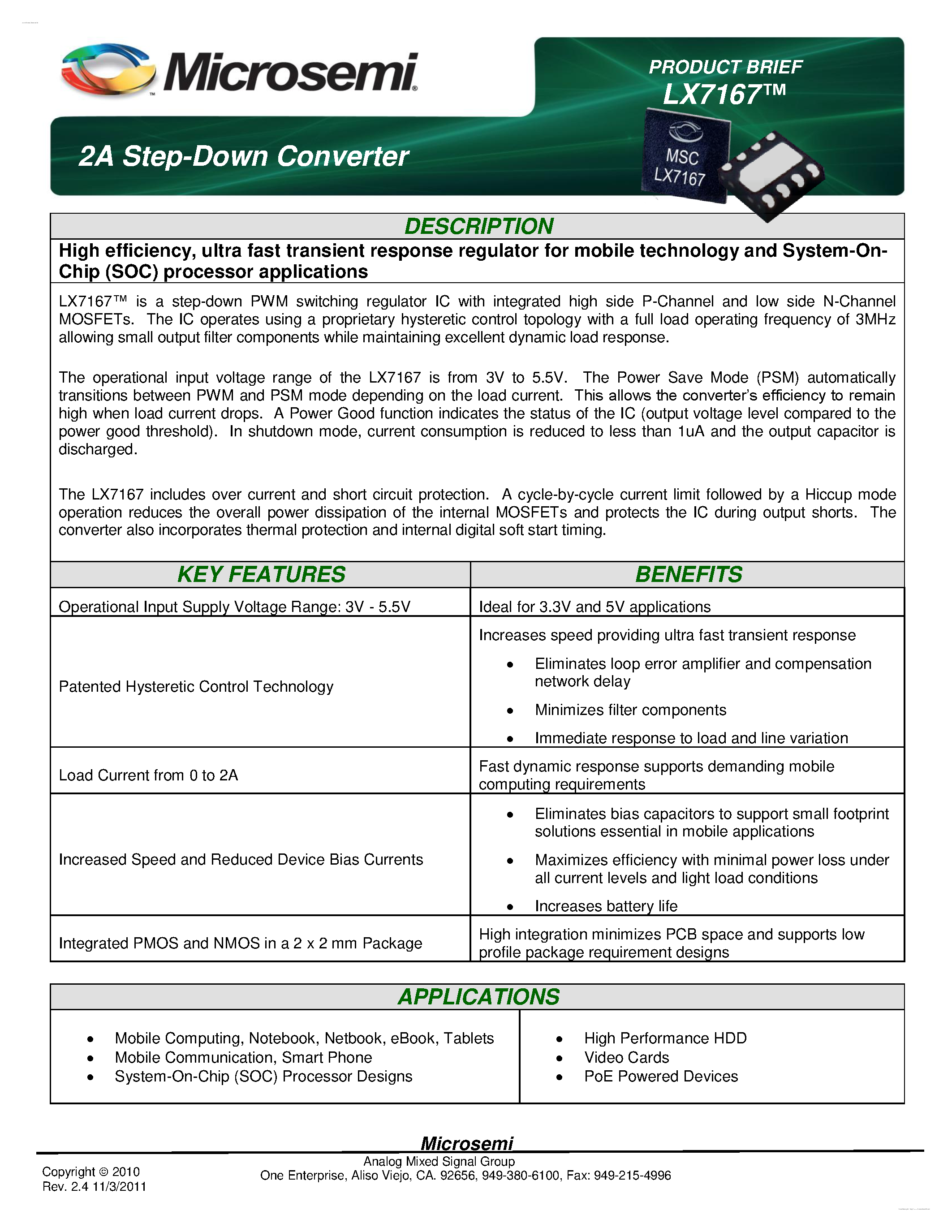 Datasheet LX7167 - 2A Step-Down Converter page 1