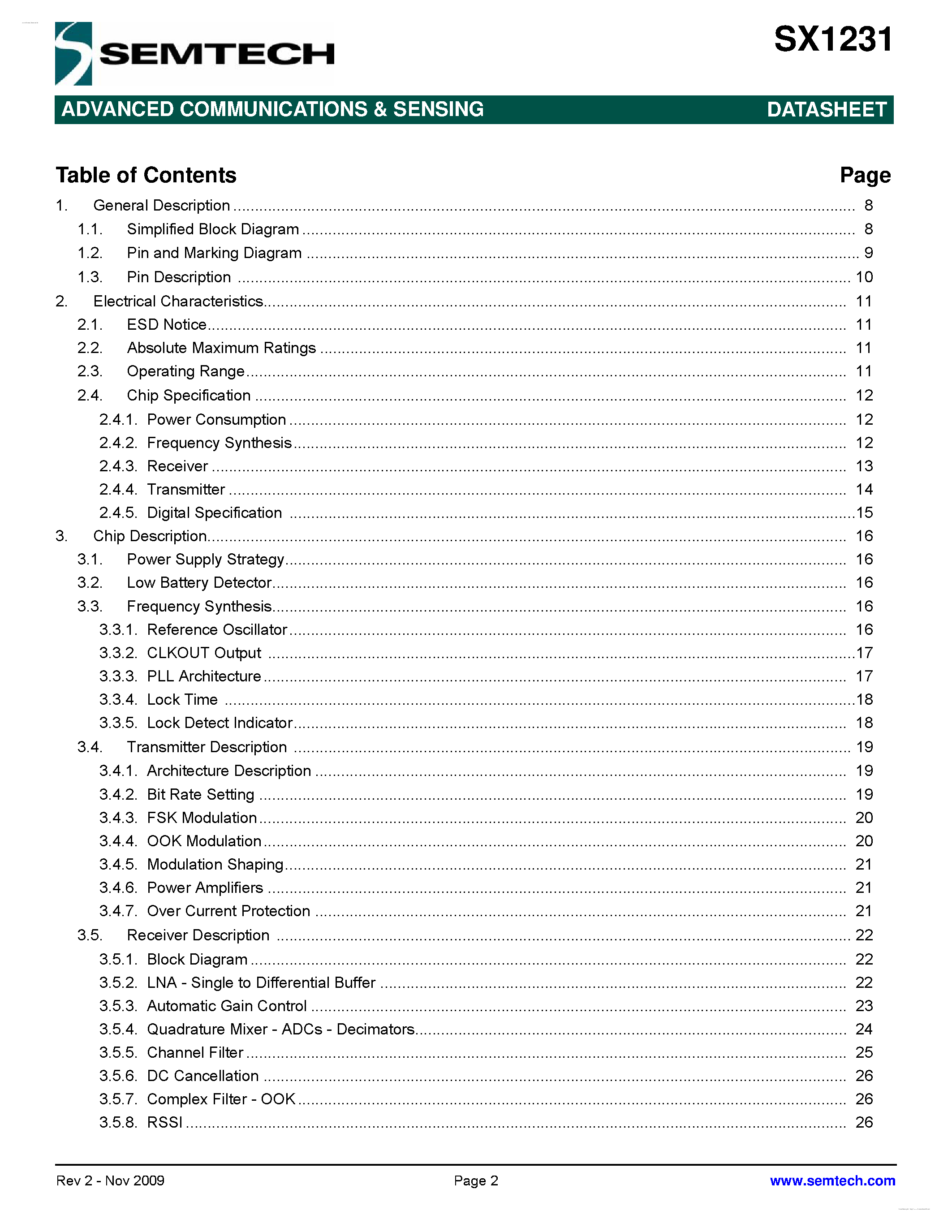 Даташит на микросхему SX1231 страница 2 Даташит SX1231 - Low Power Integrated UHF Transceiver страница 2