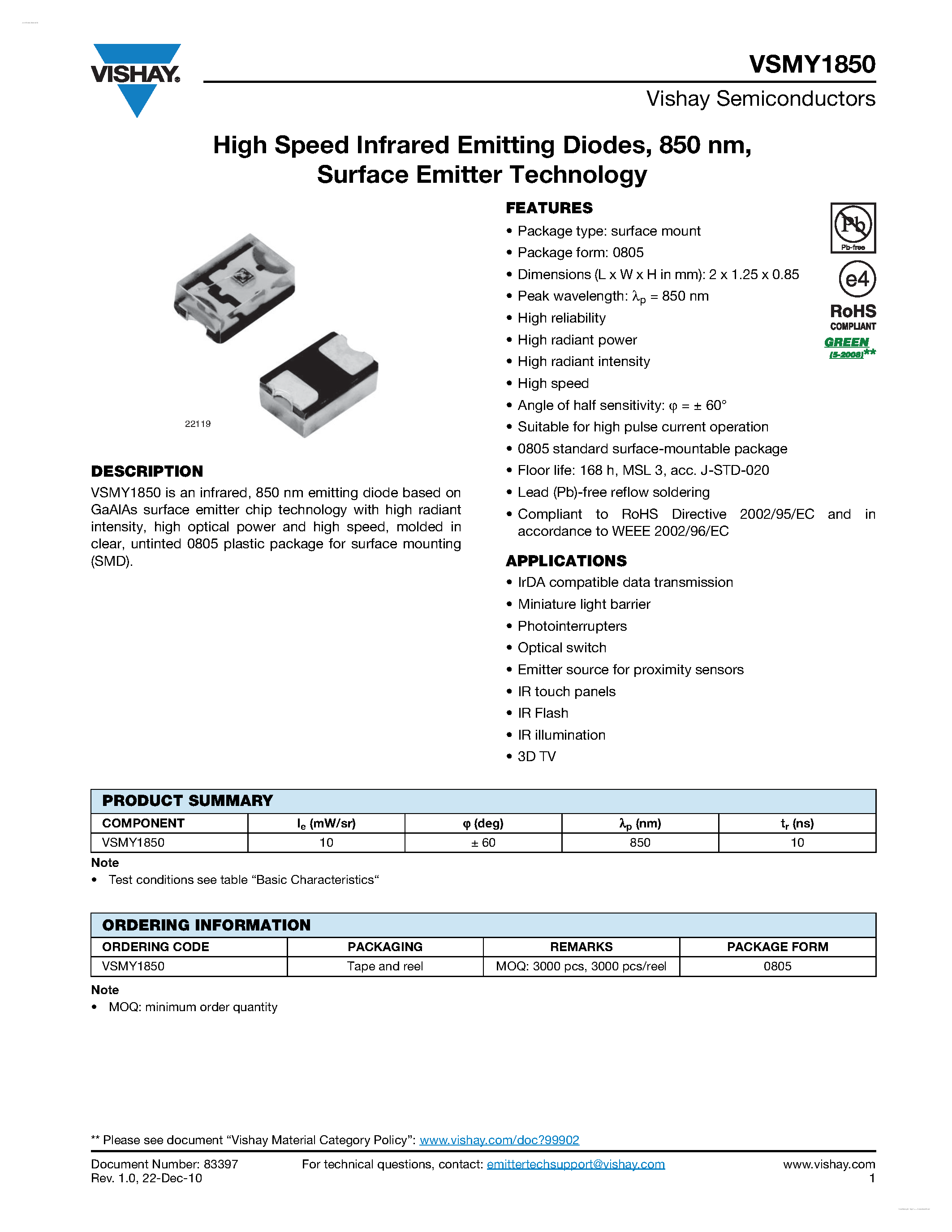 Datasheet VSMY1850 - High Speed Infrared Emitting Diodes page 1
