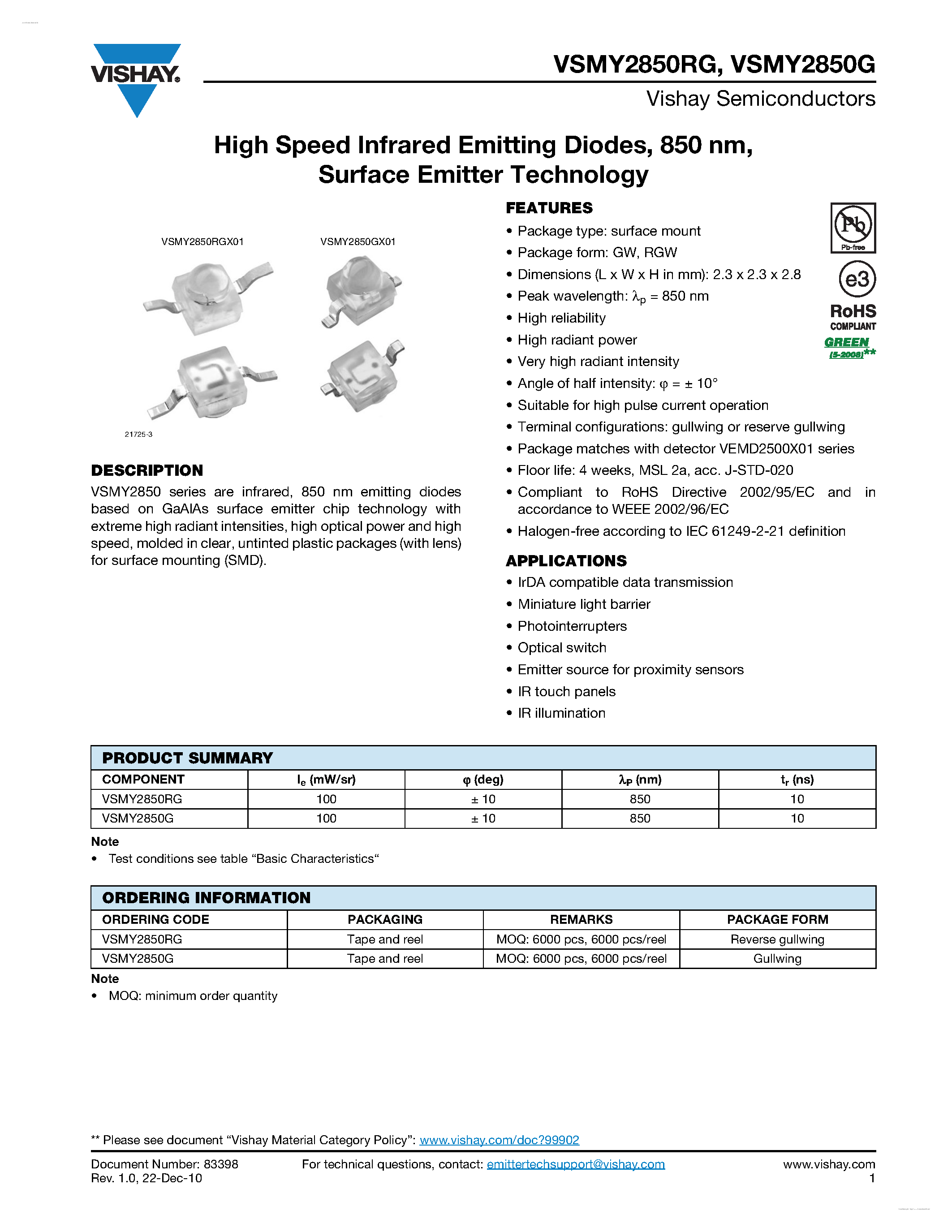 Datasheet VSMY2850G - High Speed Infrared Emitting Diodes page 1