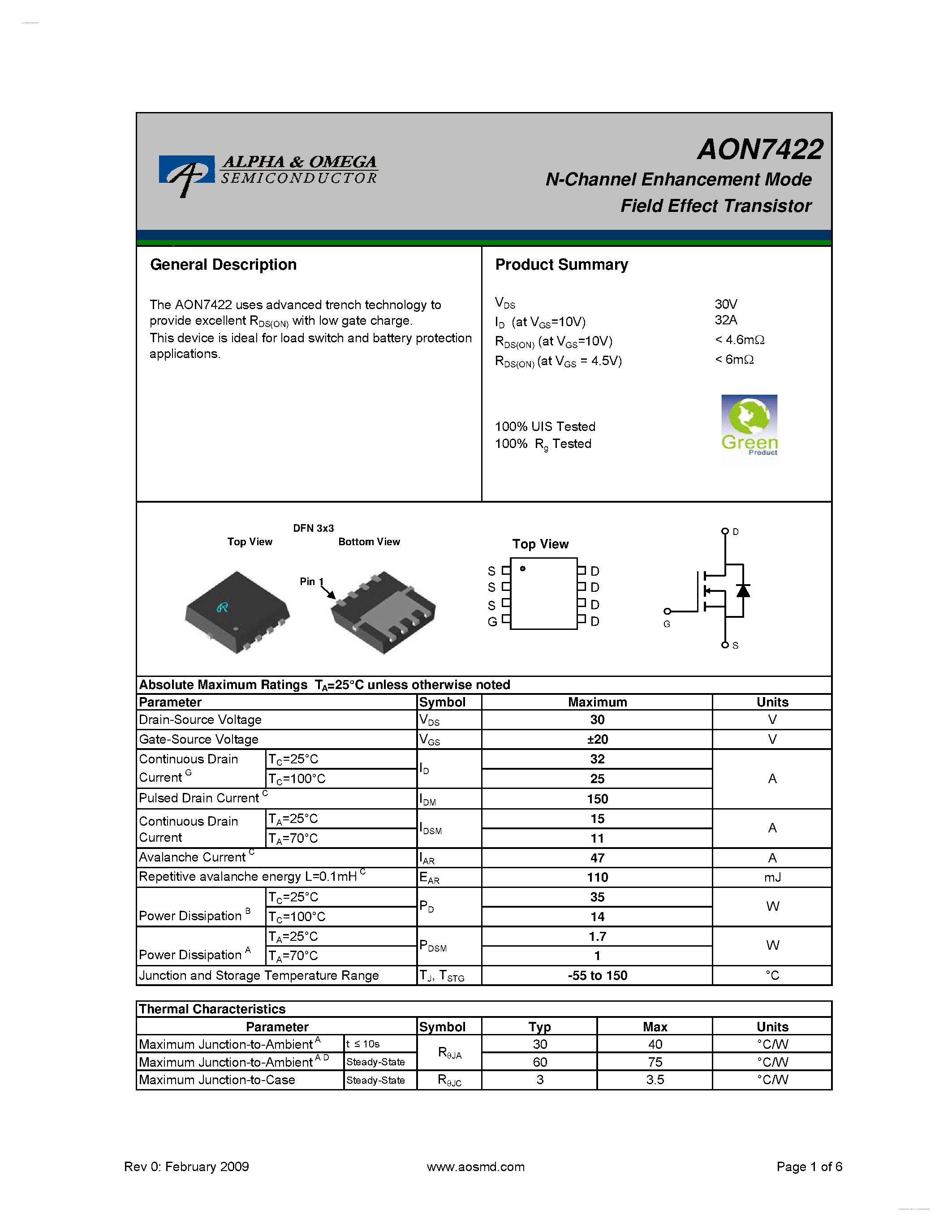 Даташит AON7422 - N-Channel Enhancement Mode Field Effect Transistor страница 1