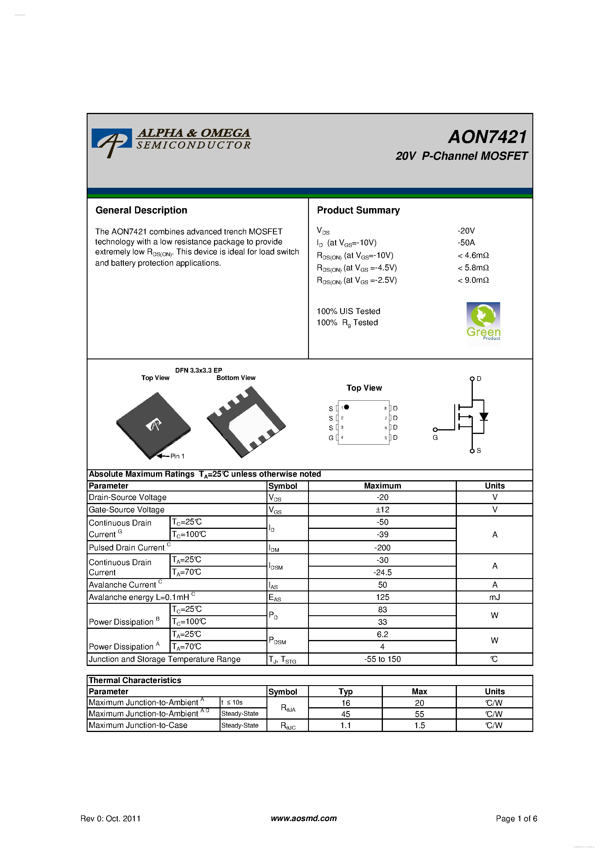 Datasheet AON7421 - 20V P-Channel MOSFET page 1