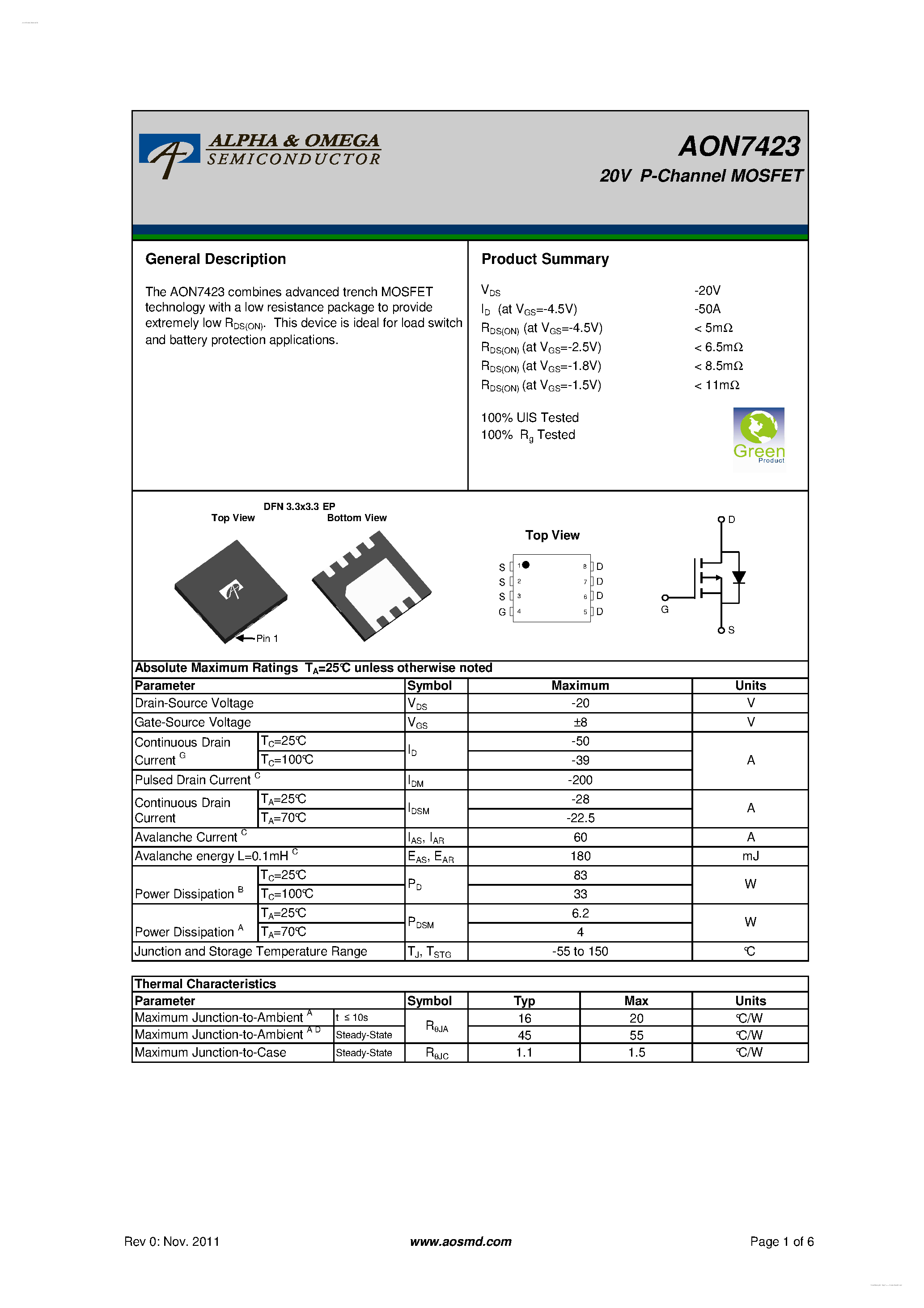 Datasheet AON7423 - 20V P-Channel MOSFET page 1