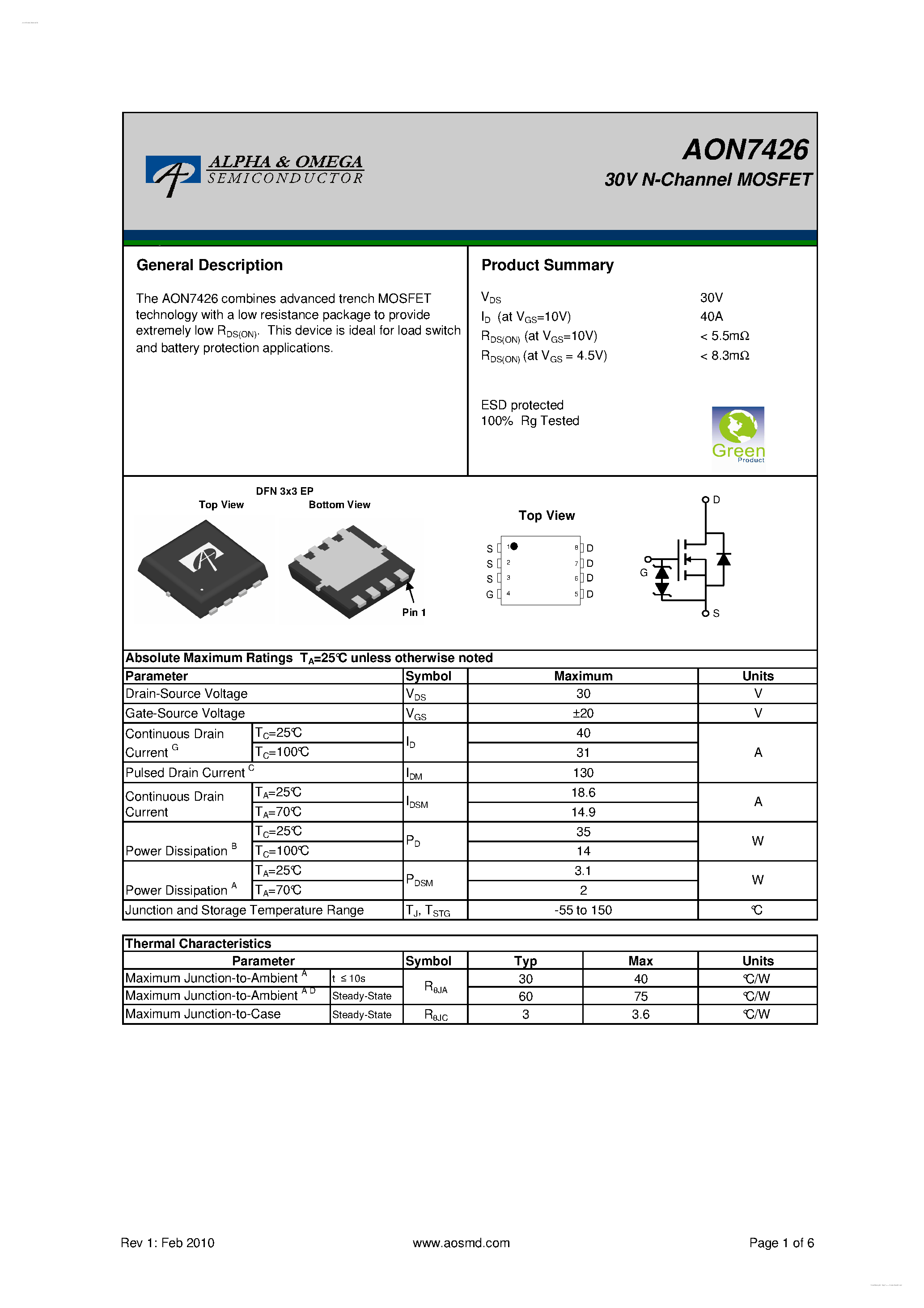 Даташит на микросхему AON7426 страница 1 Даташит AON7426 - 30V N-Channel MOSFET страница 1