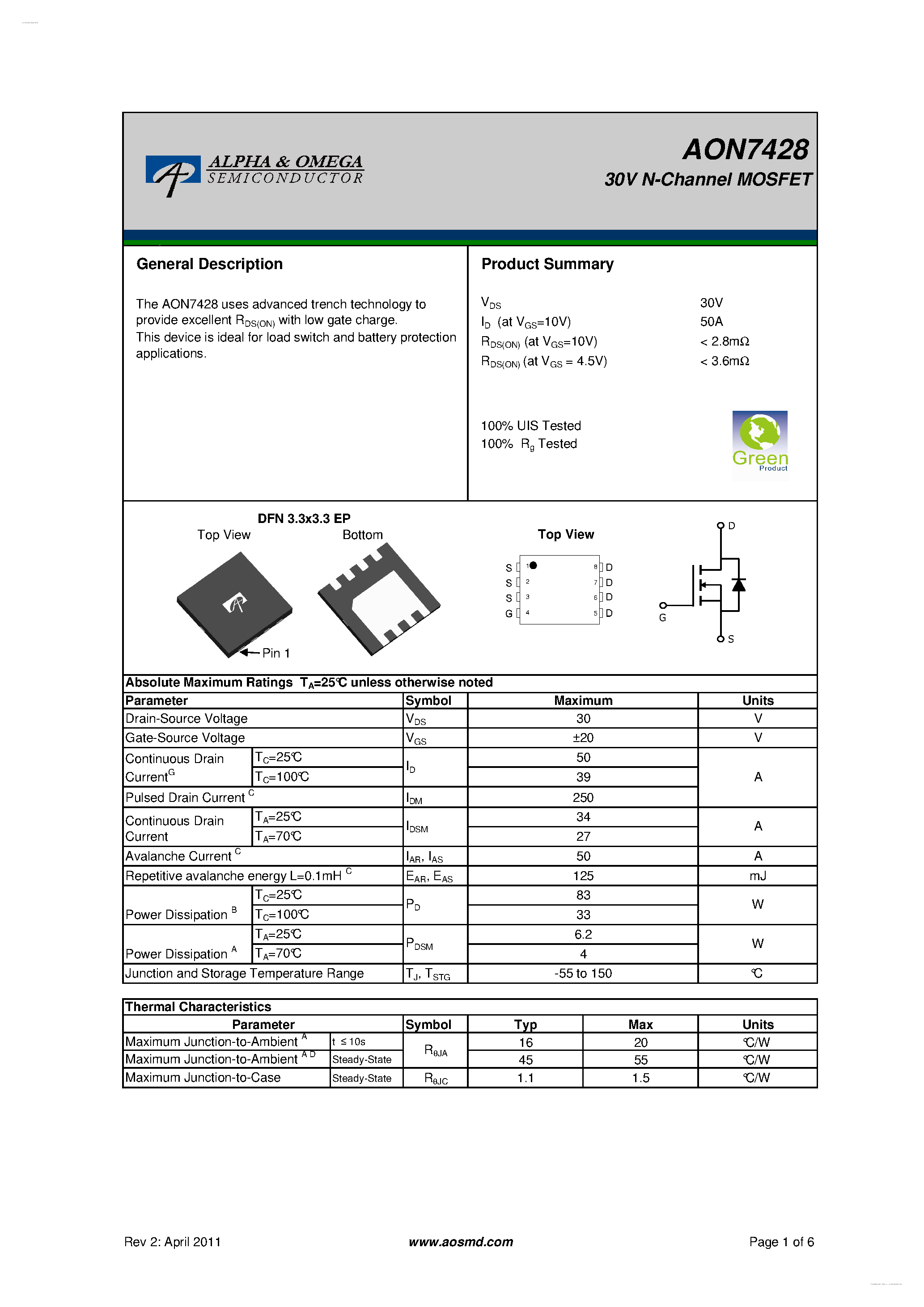 Даташит на микросхему AON7428 страница 1 Даташит AON7428 - 30V N-Channel MOSFET страница 1
