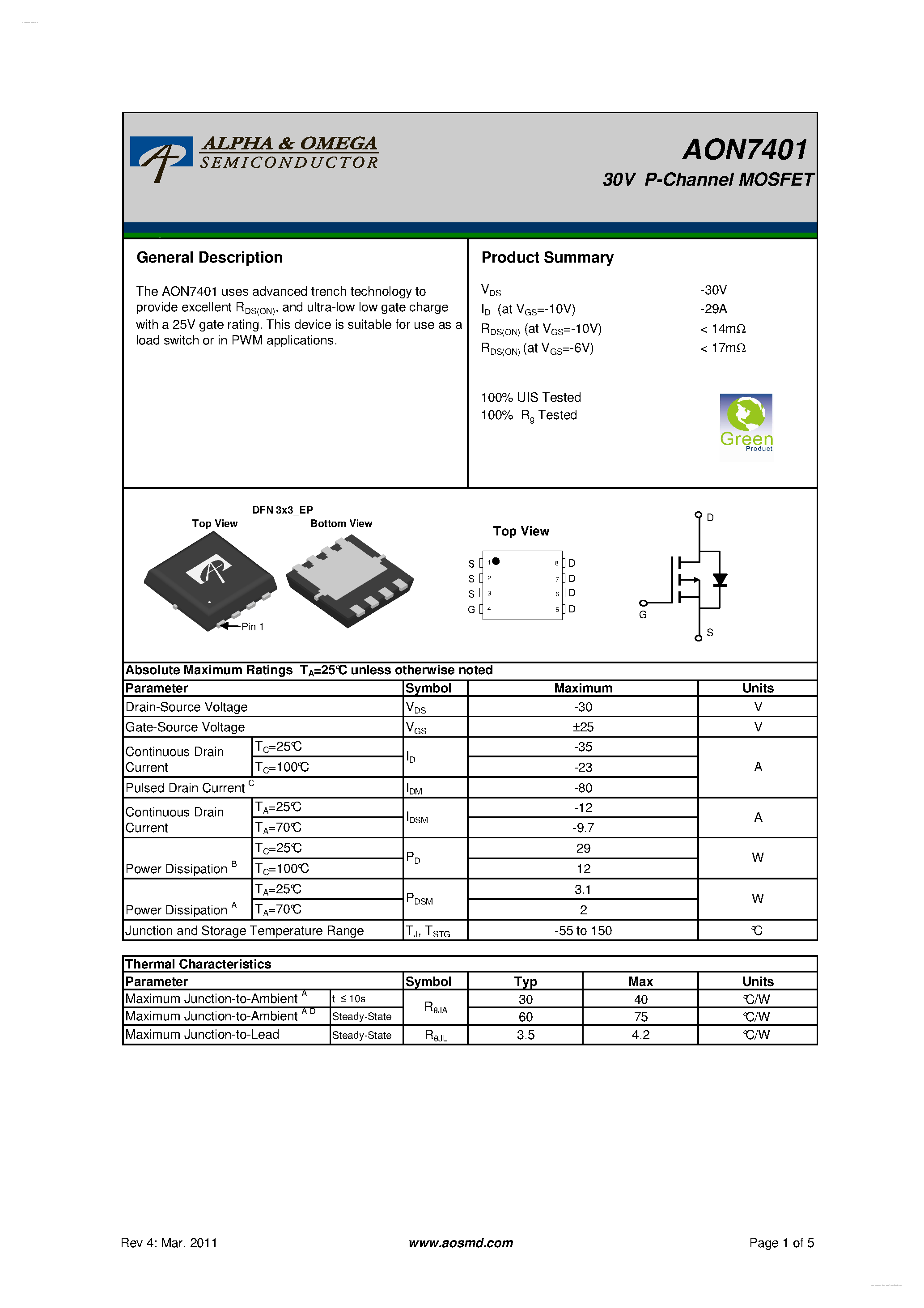 Даташит на микросхему AON7401 страница 1 Даташит AON7401 - 30V P-Channel MOSFET страница 1