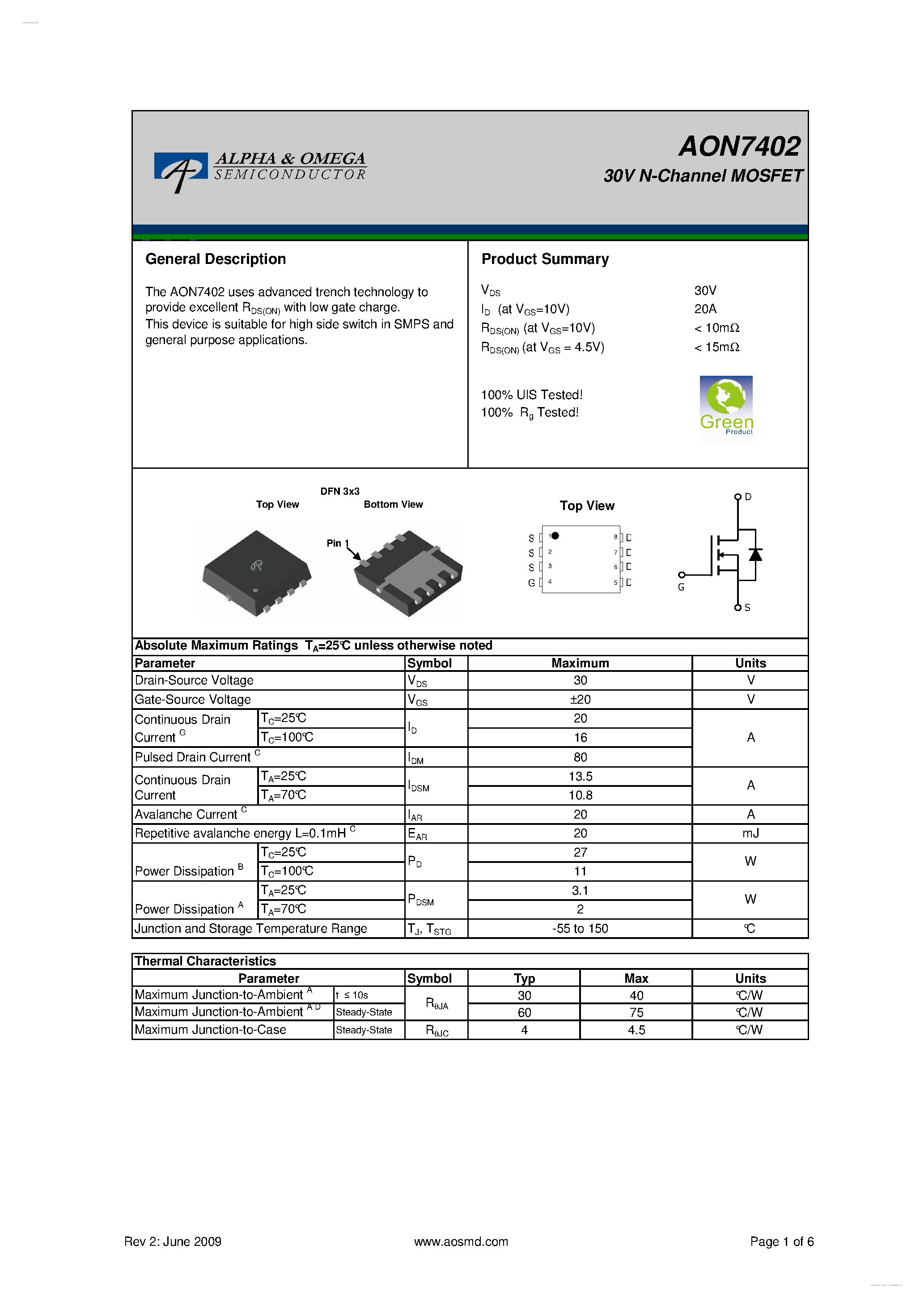 Даташит на микросхему AON7402 страница 1 Даташит AON7402 - 30V N-Channel MOSFET страница 1