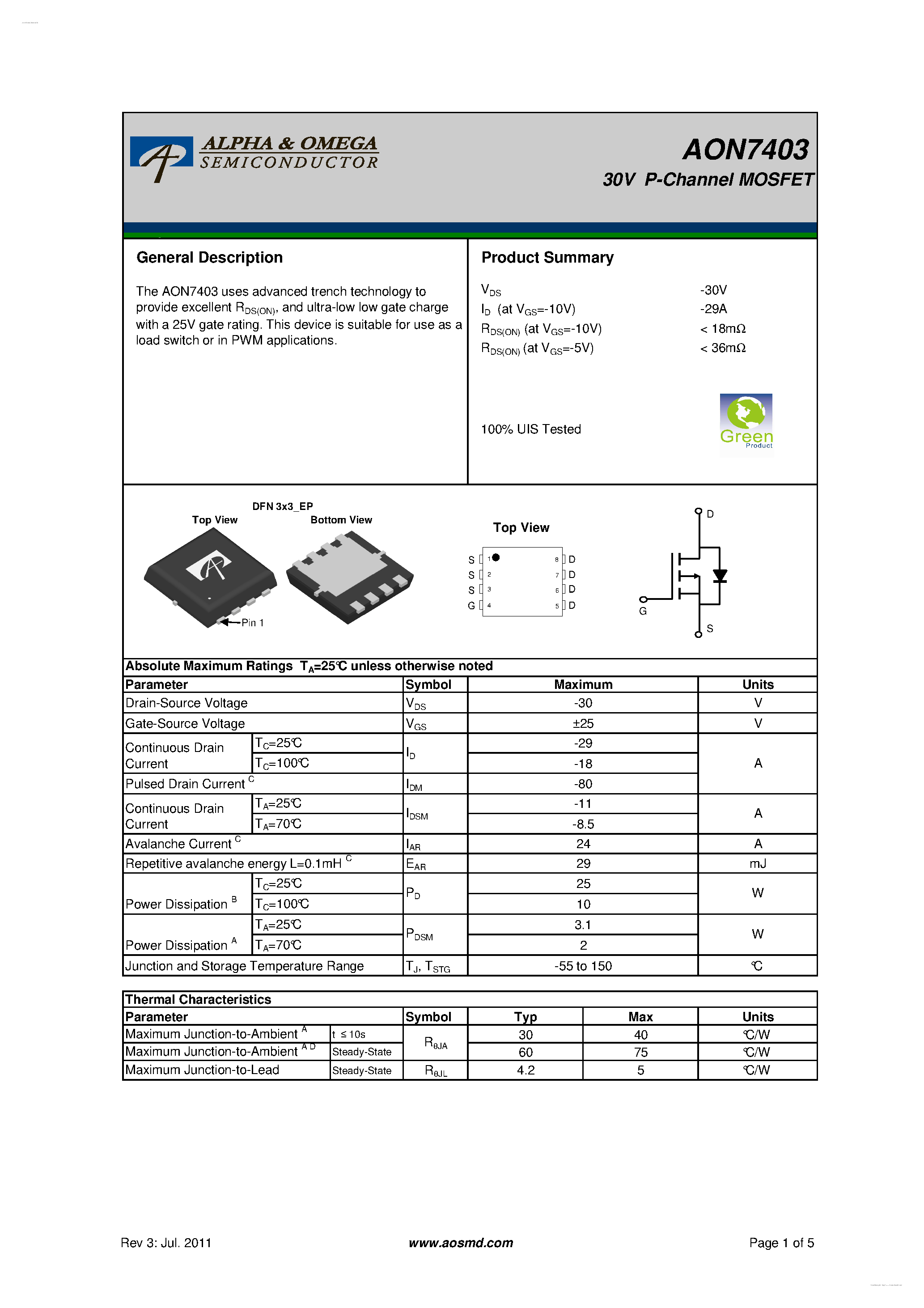 Datasheet AON7403 page 1 Datasheet AON7403 - 30V P-Channel MOSFET page 1