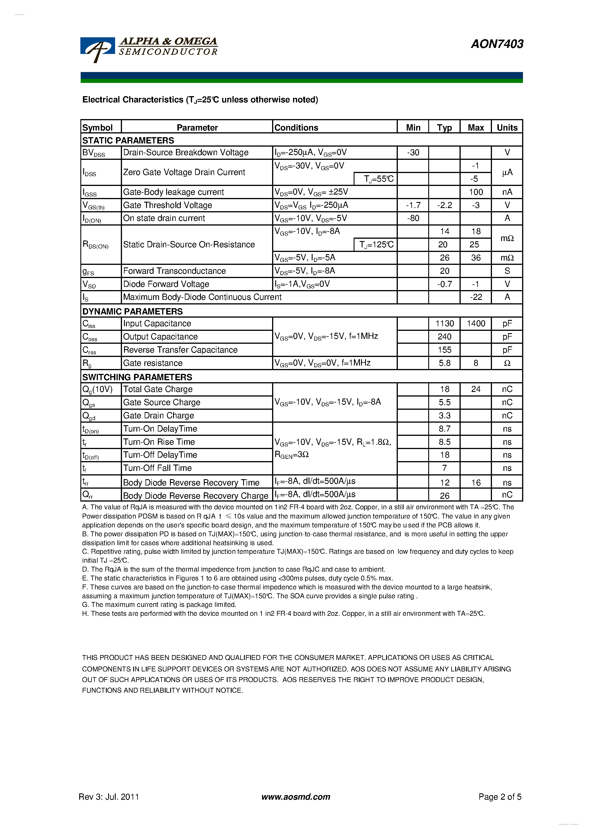 Datasheet AON7403 page 2 Datasheet AON7403 - 30V P-Channel MOSFET page 2