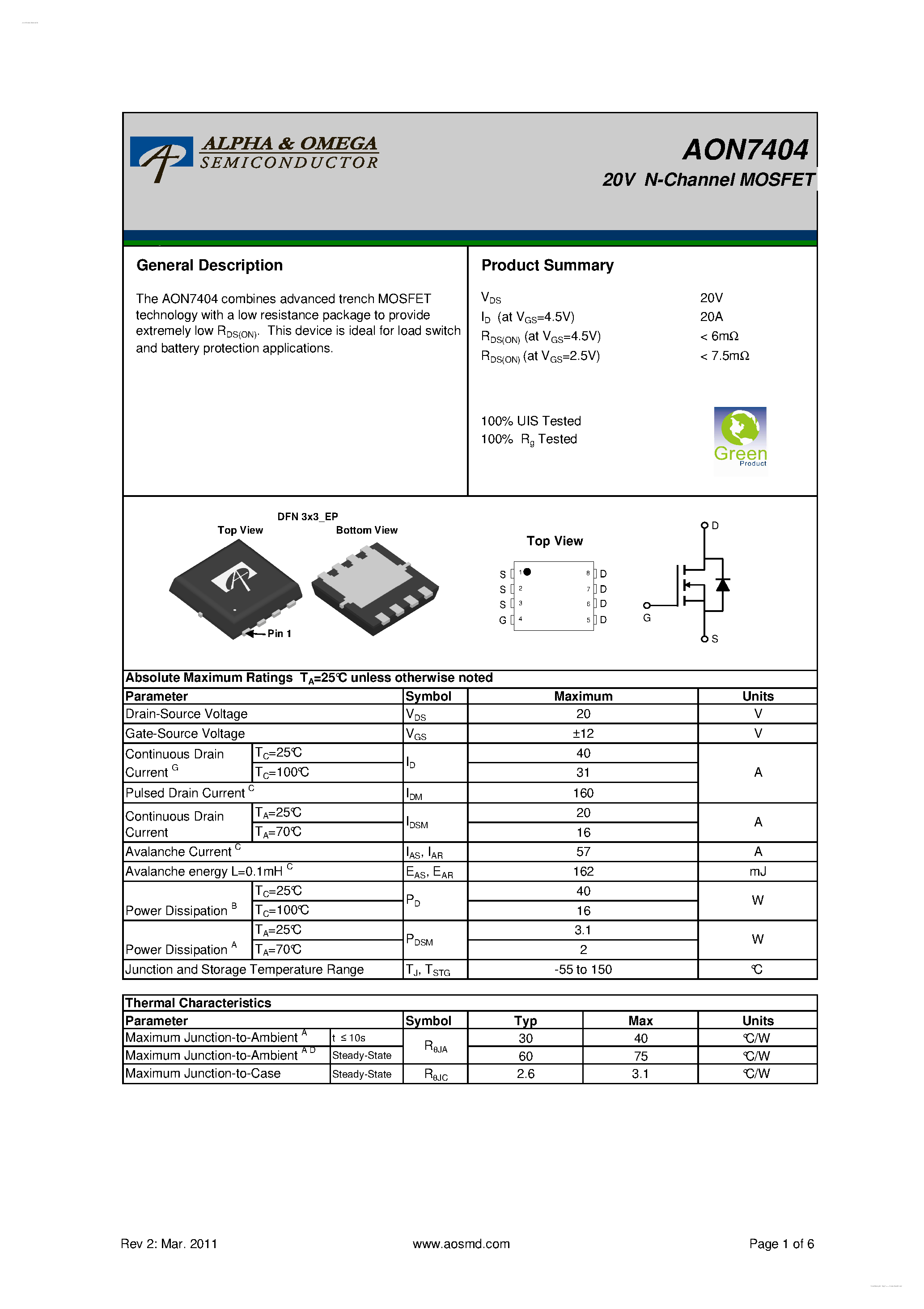 Даташит на микросхему AON7404 страница 1 Даташит AON7404 - 20V N-Channel MOSFET страница 1