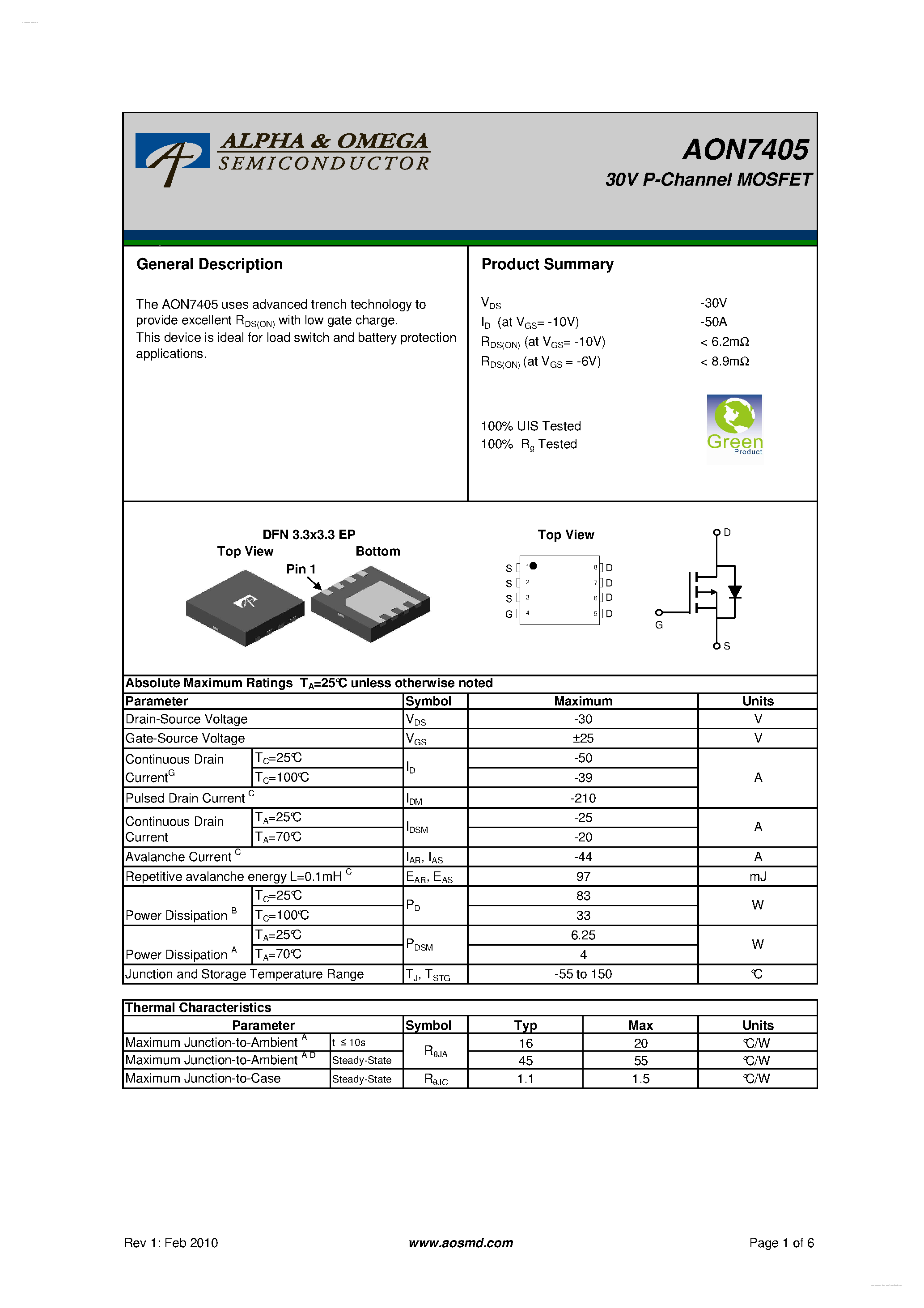 Datasheet AON7405 - 30V P-Channel MOSFET page 1