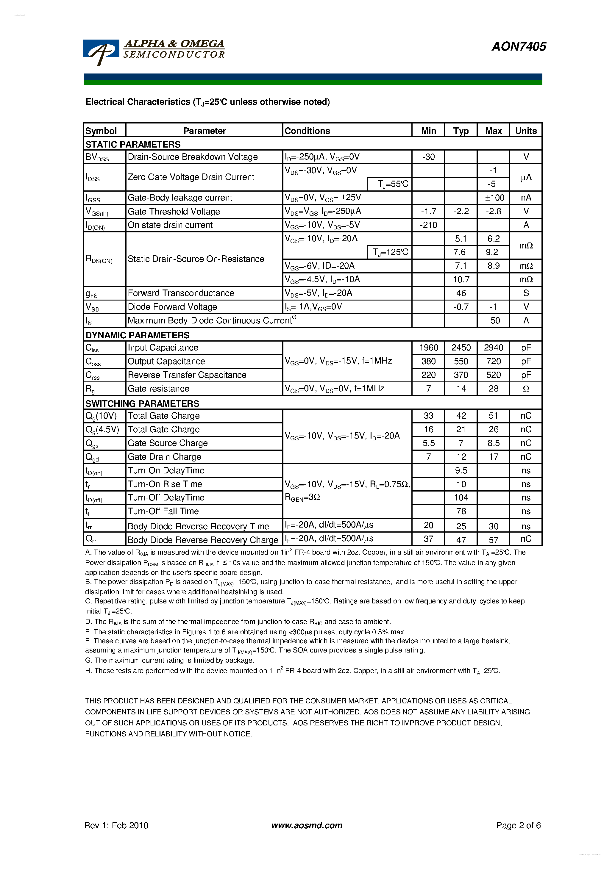 Datasheet AON7405 - 30V P-Channel MOSFET page 2
