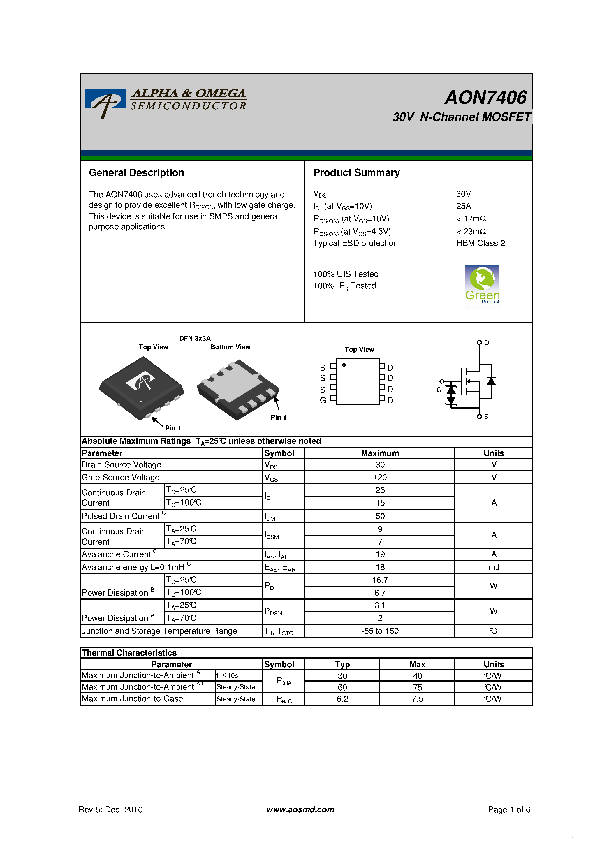Даташит на микросхему AON7406 страница 1 Даташит AON7406 - 30V N-Channel MOSFET страница 1