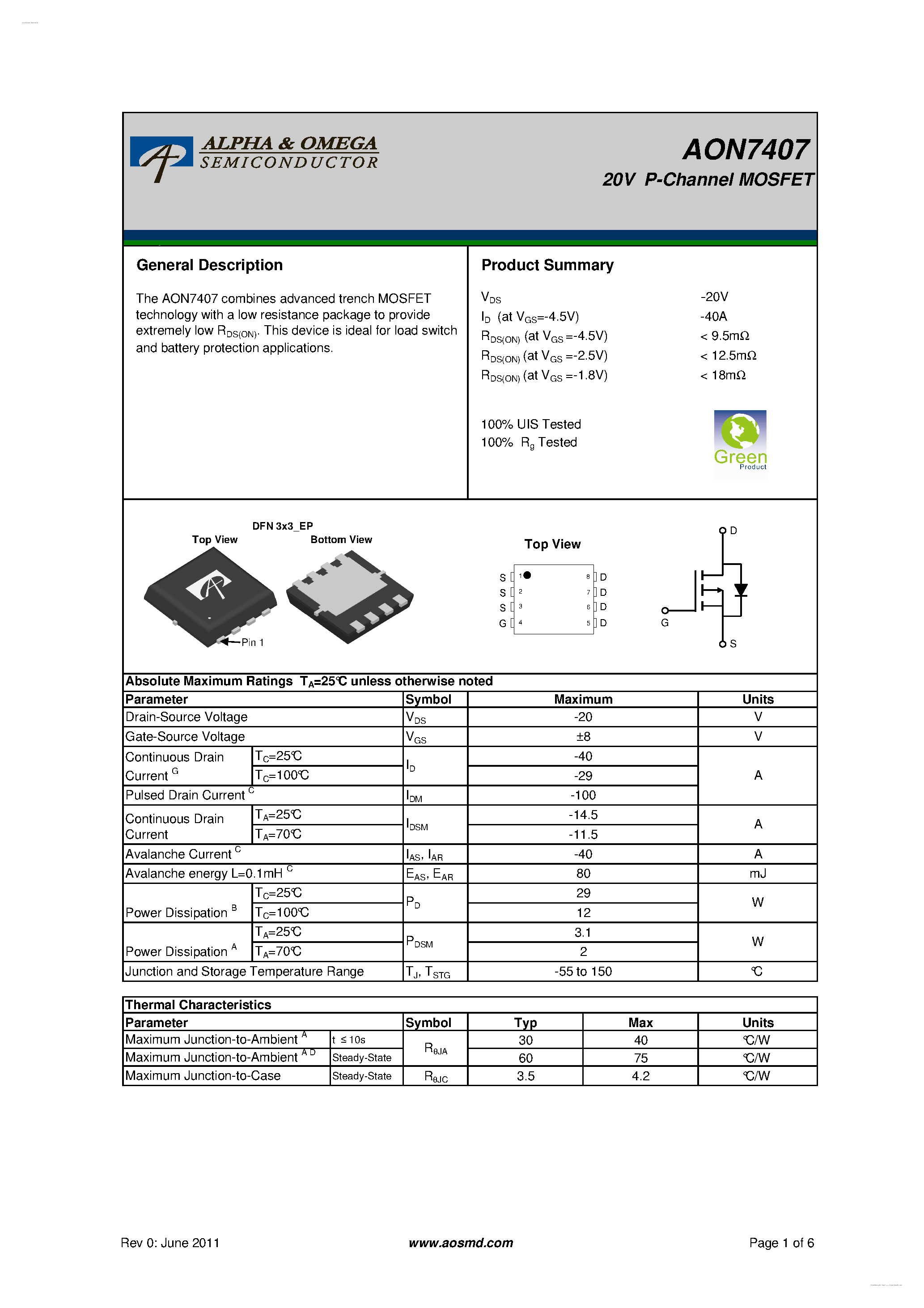 Datasheet AON7407 - 20V P-Channel MOSFET page 1