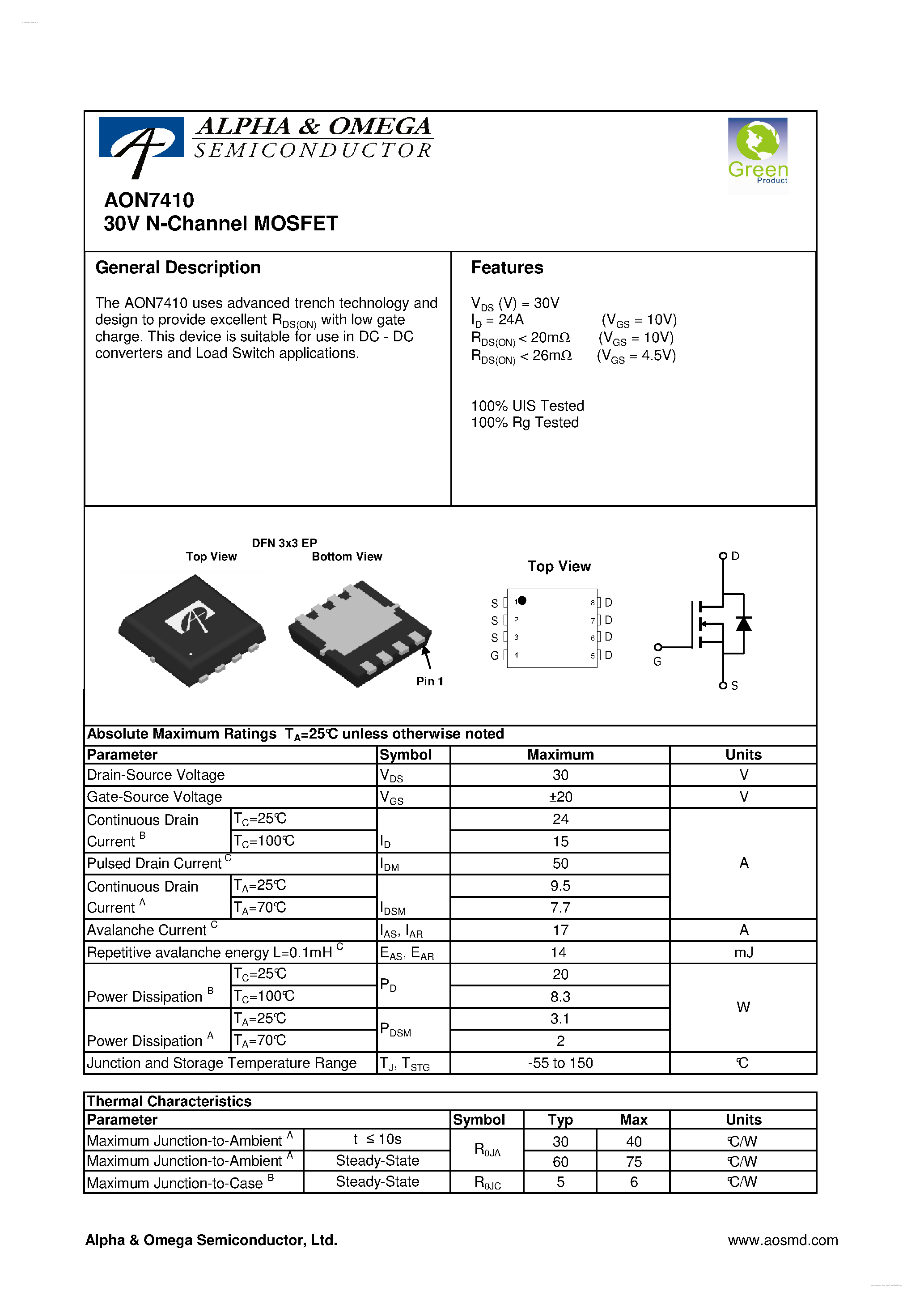 Даташит на микросхему AON7410 страница 1 Даташит AON7410 - 30V N-Channel MOSFET страница 1