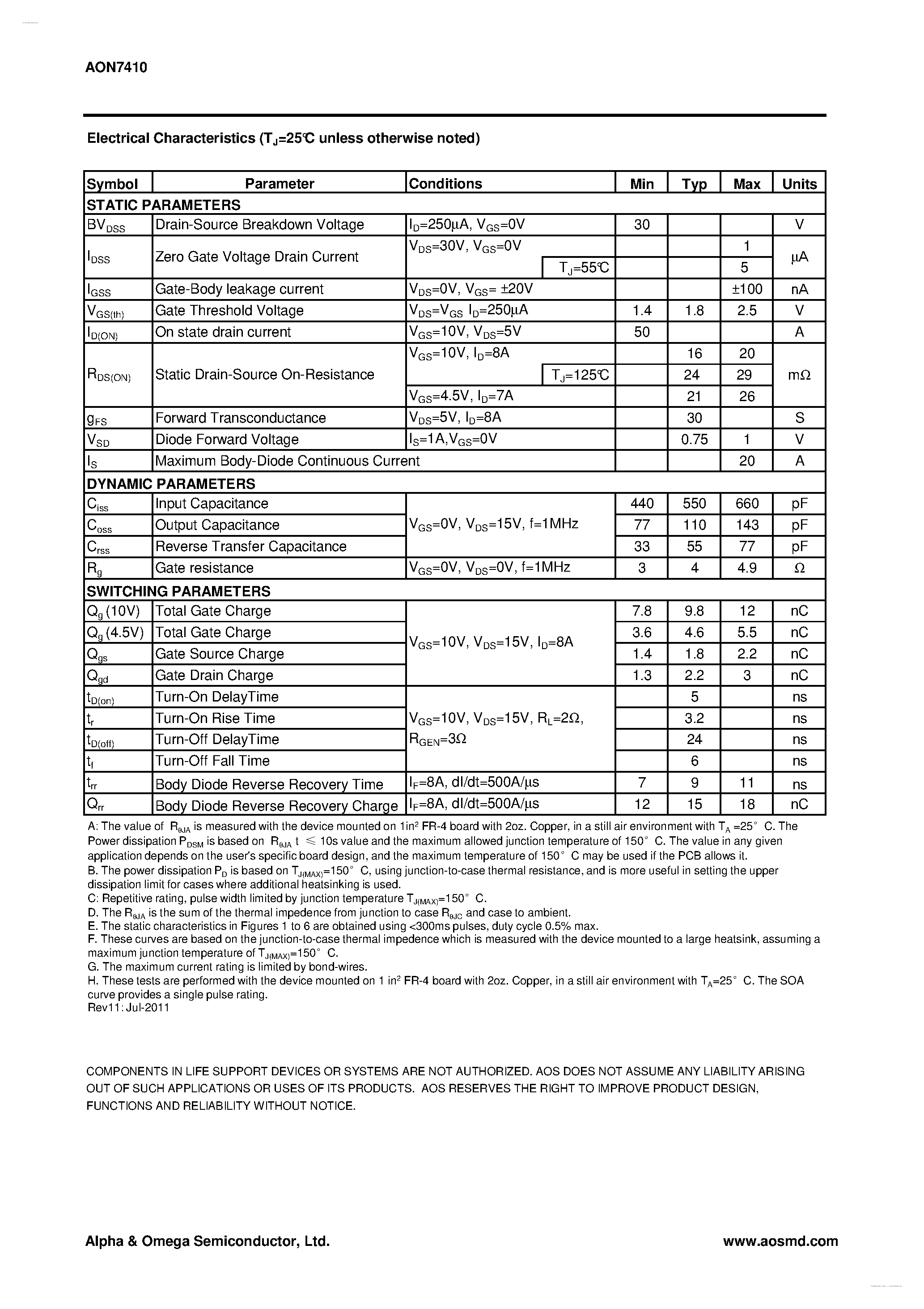 Даташит на микросхему AON7410 страница 2 Даташит AON7410 - 30V N-Channel MOSFET страница 2