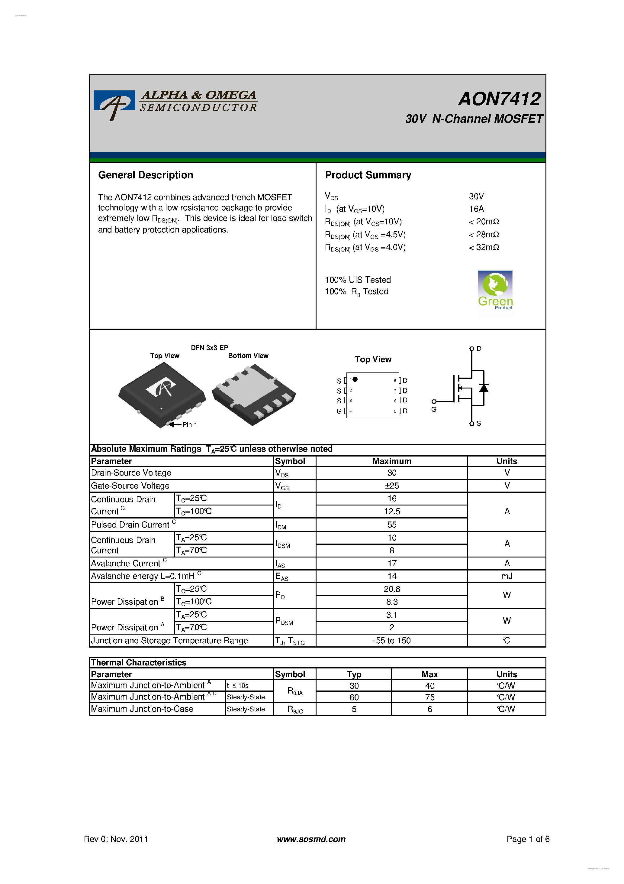 Даташит на микросхему AON7412 страница 1 Даташит AON7412 - 30V N-Channel MOSFET страница 1