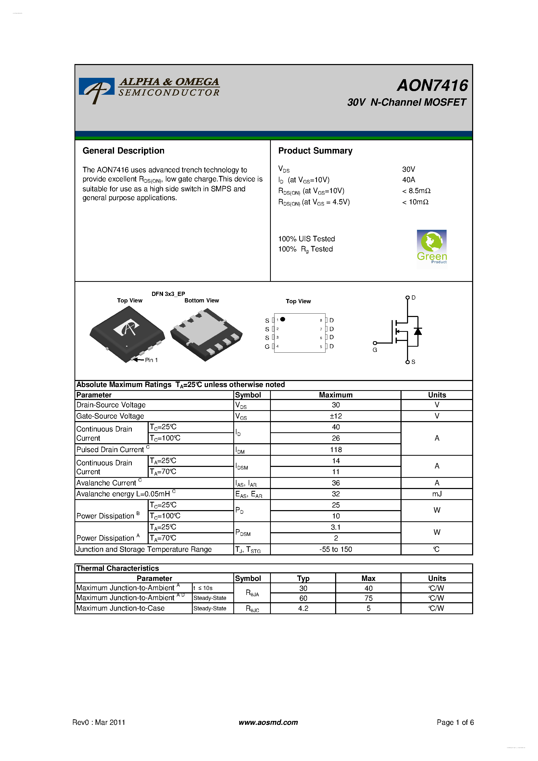 Даташит на микросхему AON7416 страница 1 Даташит AON7416 - 30V N-Channel MOSFET страница 1