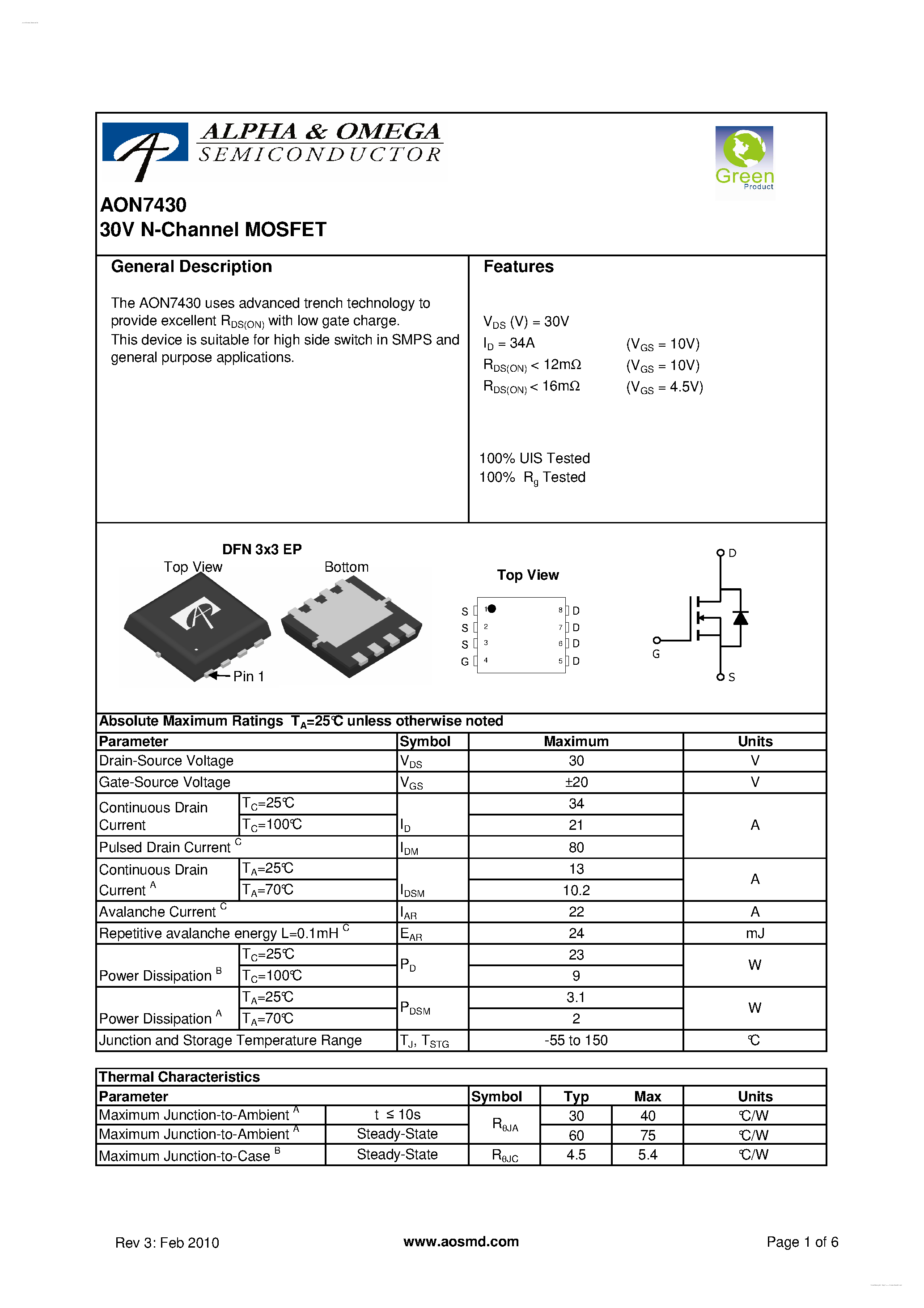 Даташит на микросхему AON7430 страница 1 Даташит AON7430 - 30V N-Channel MOSFET страница 1