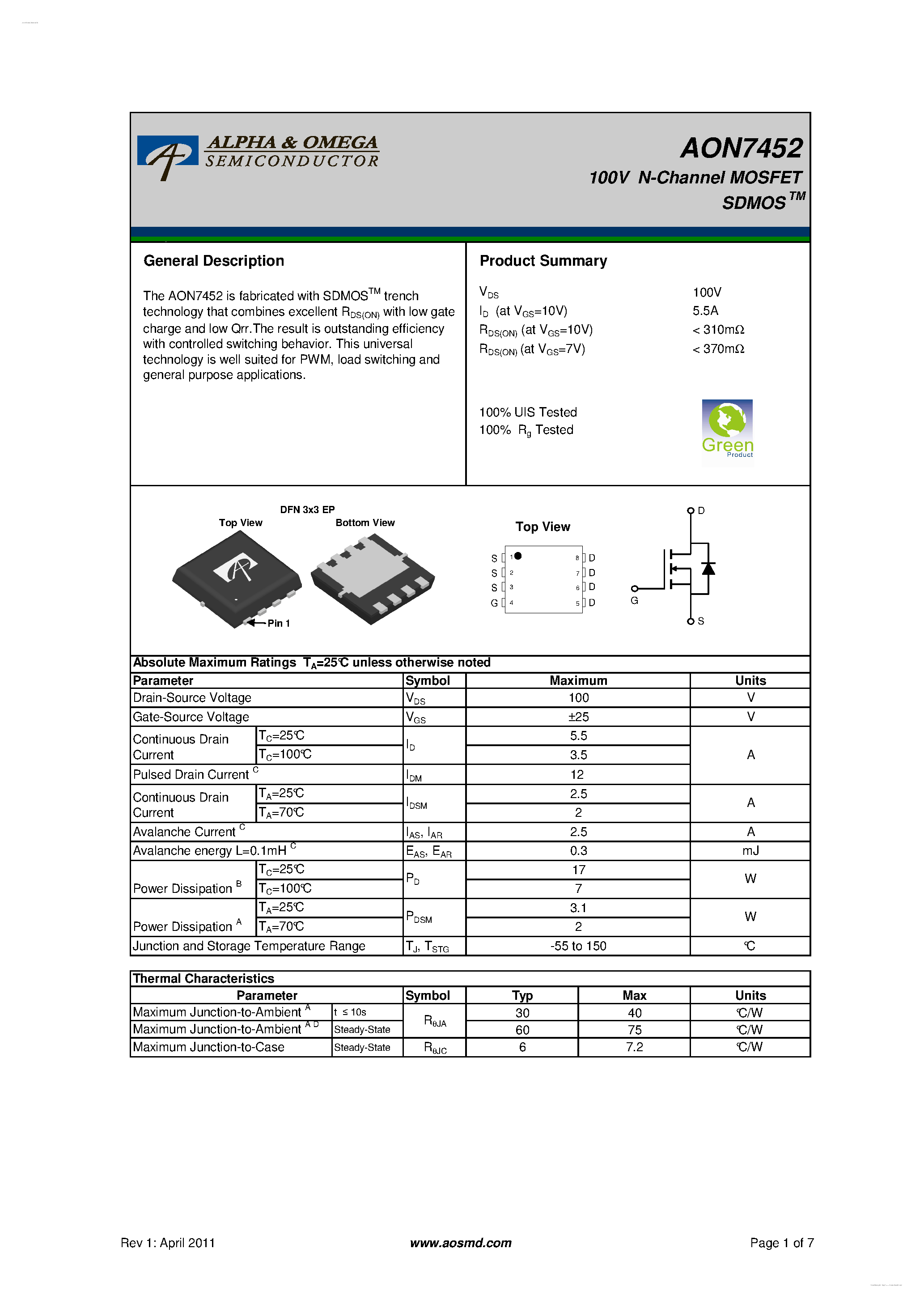 Даташит на микросхему AON7452 страница 1 Даташит AON7452 - 100V N-Channel MOSFET страница 1