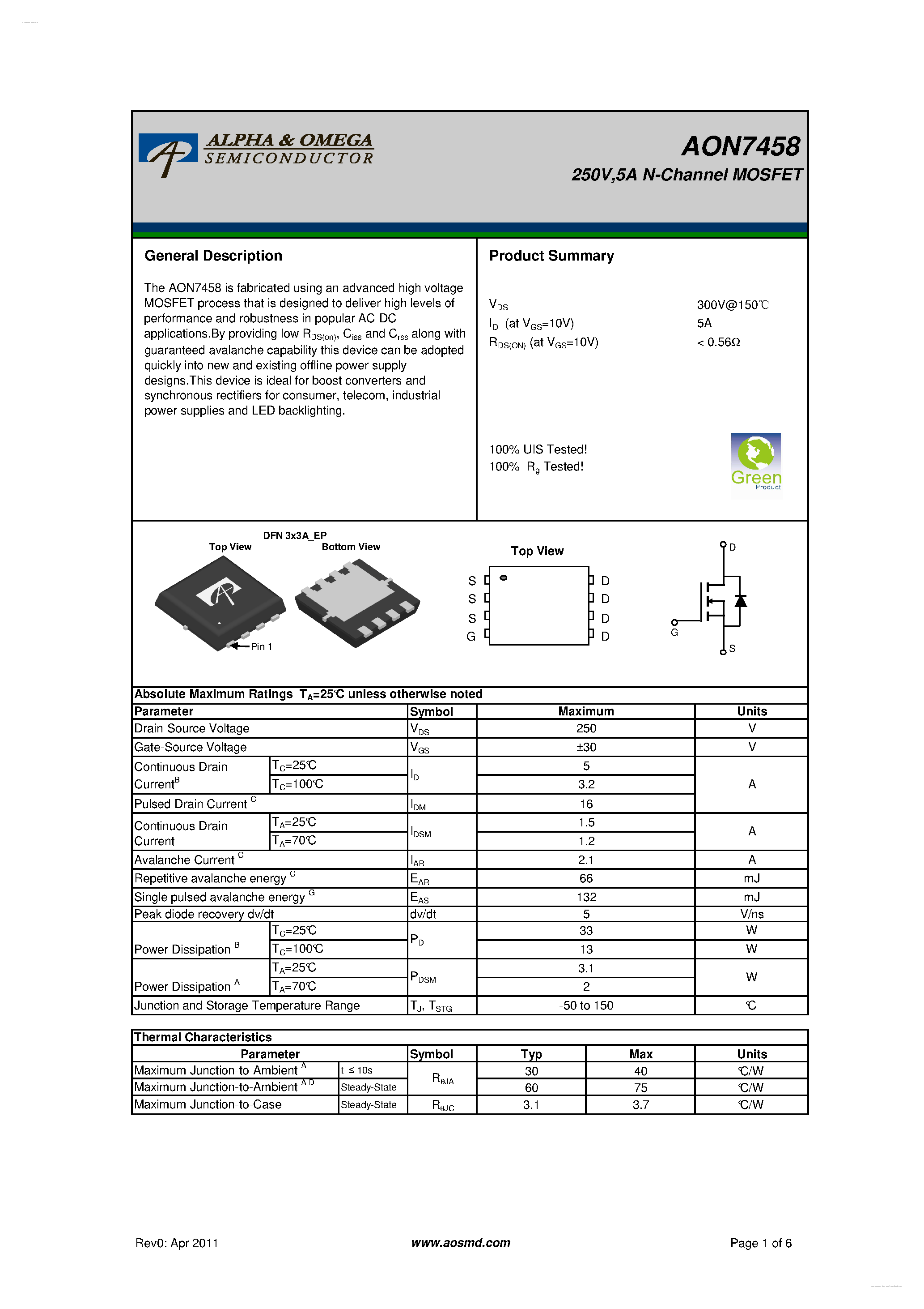 Даташит на микросхему AON7458 страница 1 Даташит AON7458 - 250V N-Channel MOSFET страница 1