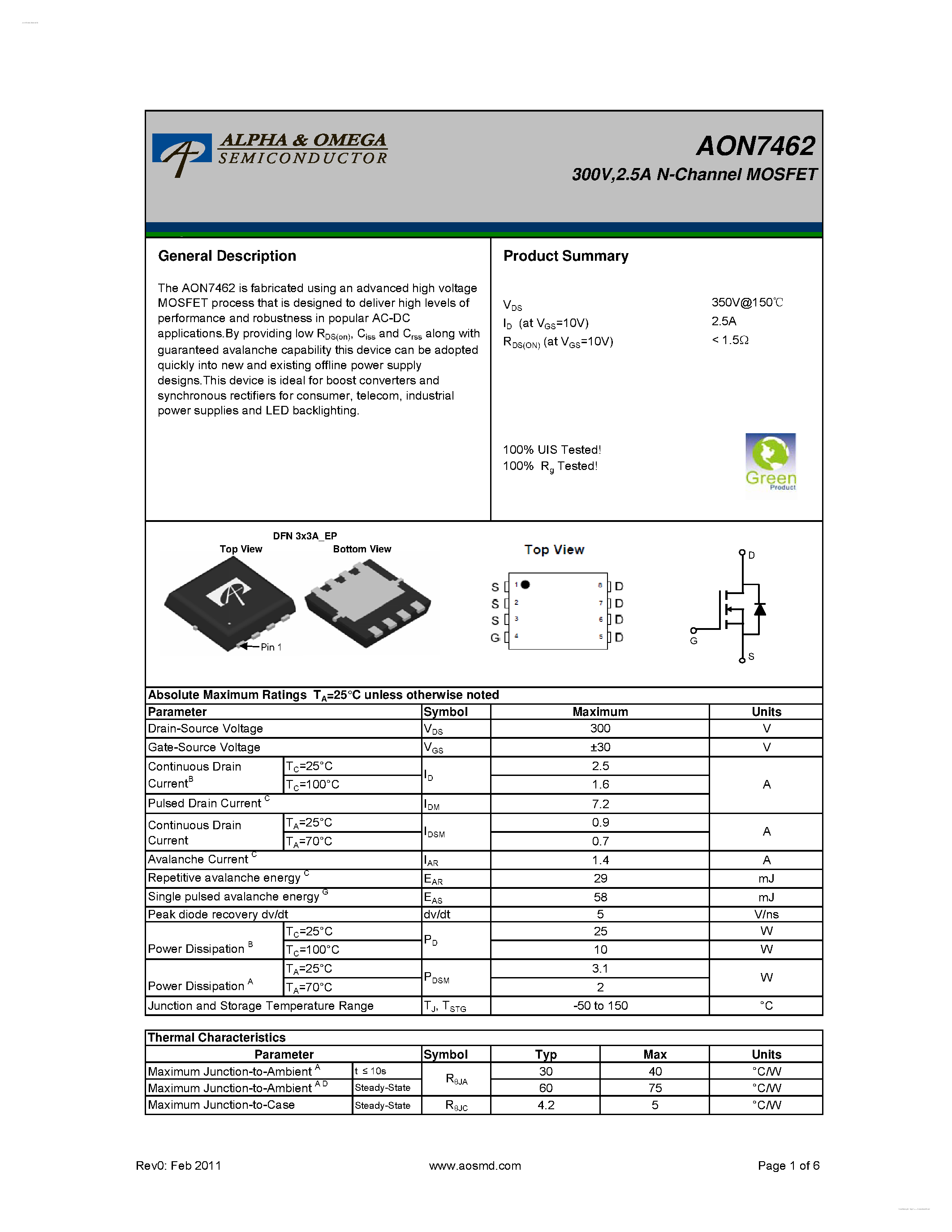 Даташит на микросхему AON7462 страница 1 Даташит AON7462 - 300V N-Channel MOSFET страница 1