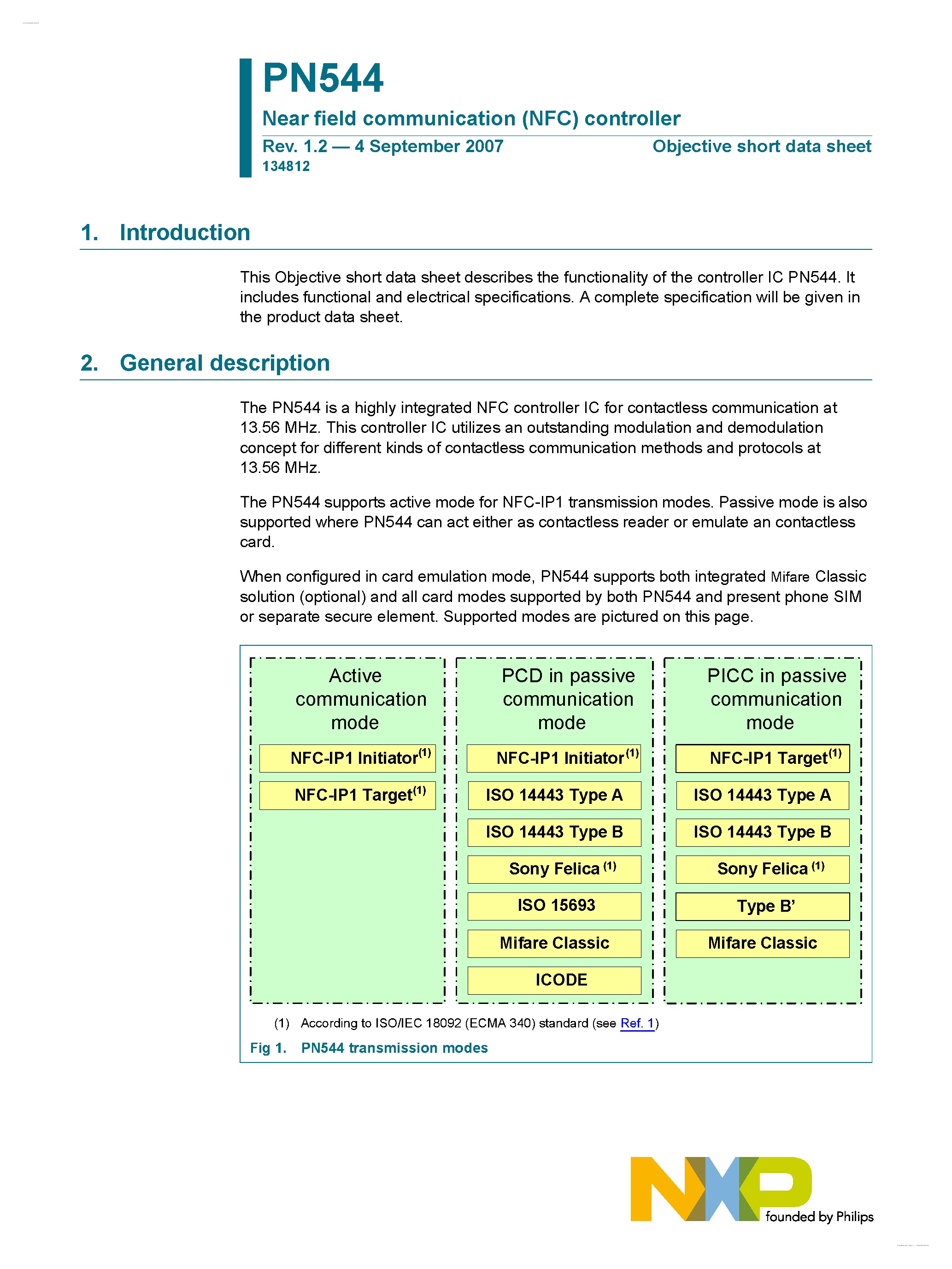 Даташит PN544 - Near field communication (NFC) controller страница 1