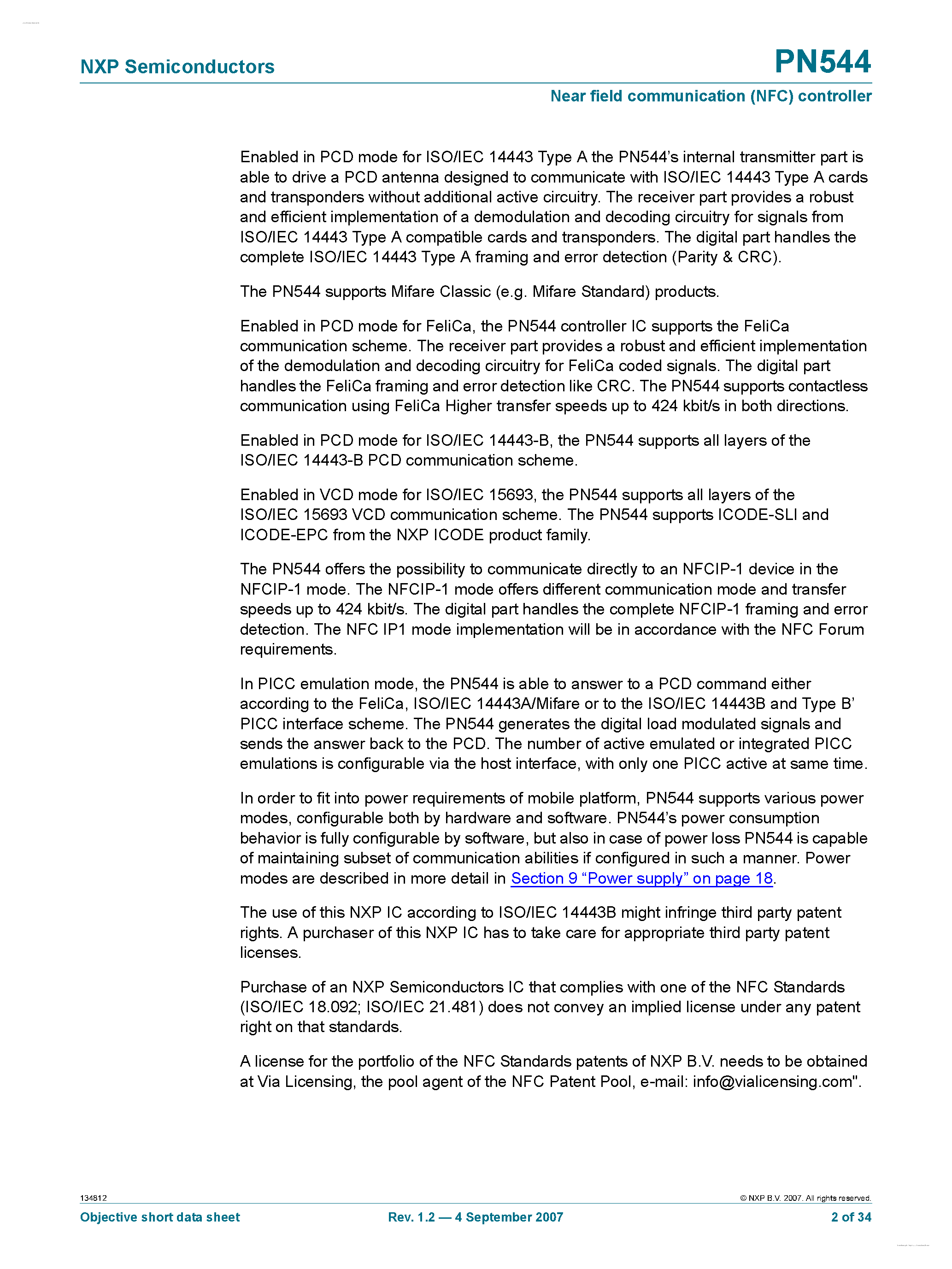 Даташит PN544 - Near field communication (NFC) controller страница 2