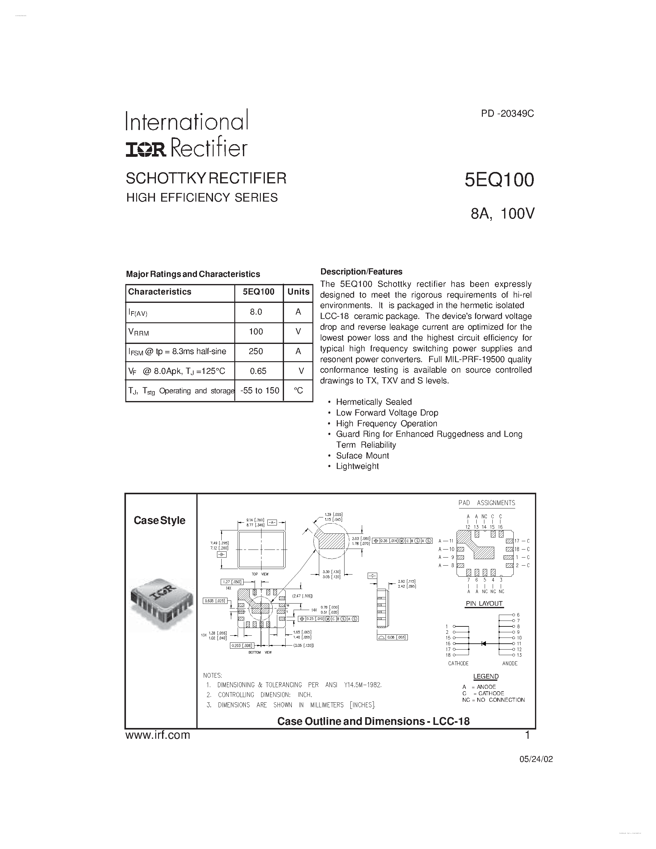 Datasheet 5EQ100 page 1 Datasheet 5EQ100 - SCHOTTKY RECTIFIER page 1