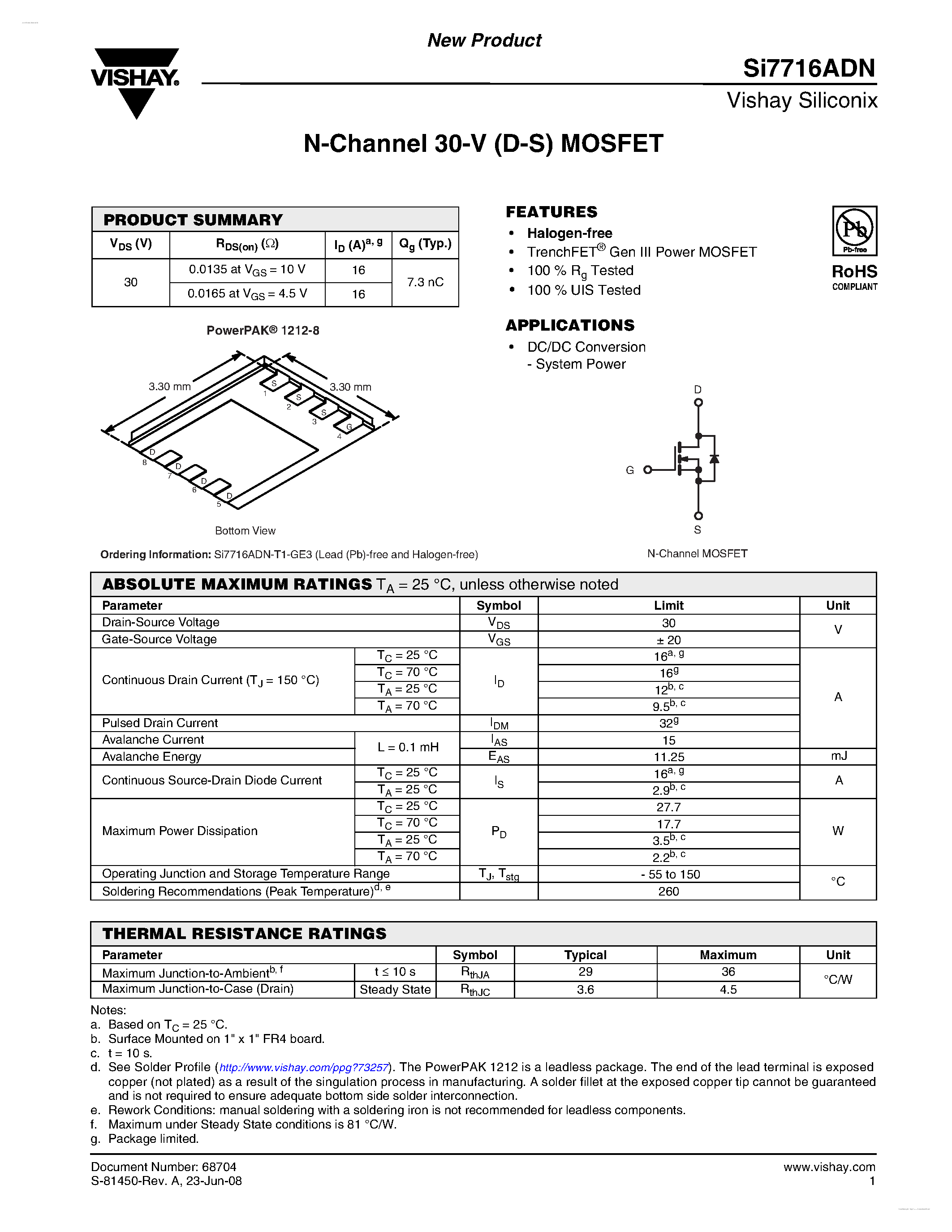 Даташит SI7716ADN - N-Channel 30-V (D-S) MOSFET страница 1
