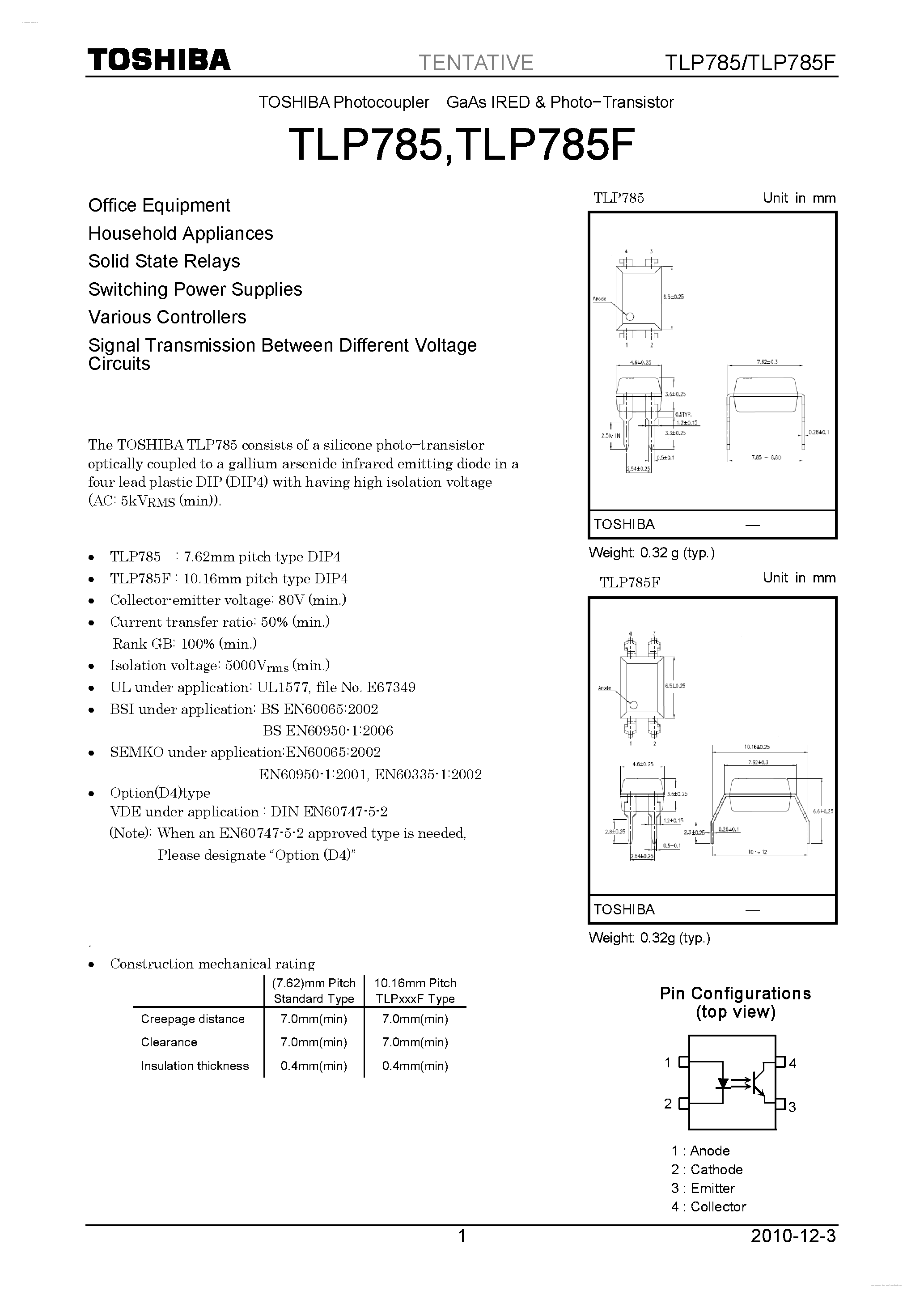 Datasheet TLP785 - GaAs IRED & Photo-Transistor page 1