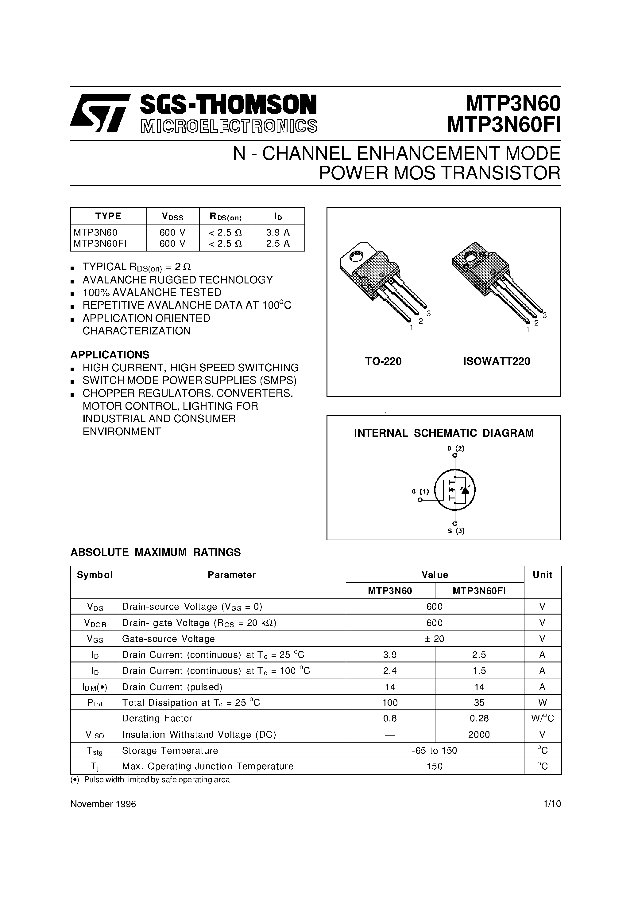 Datasheet MTP3N60 - N-CHANNEL ENHANCEMENT MODE POWER MOS TRANSISTORS page 1