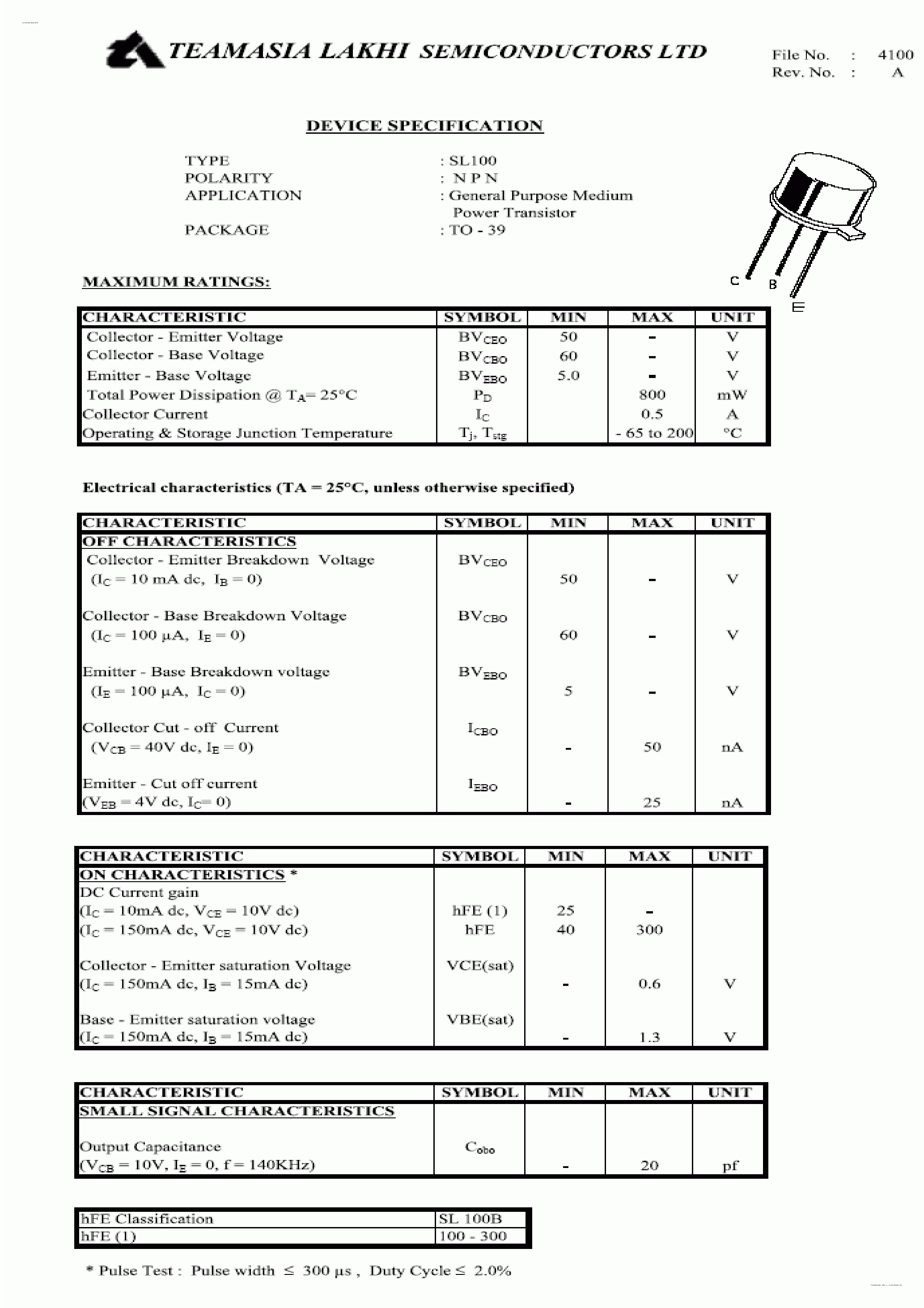 Datasheet SL100 - NPN Power Transistor page 1