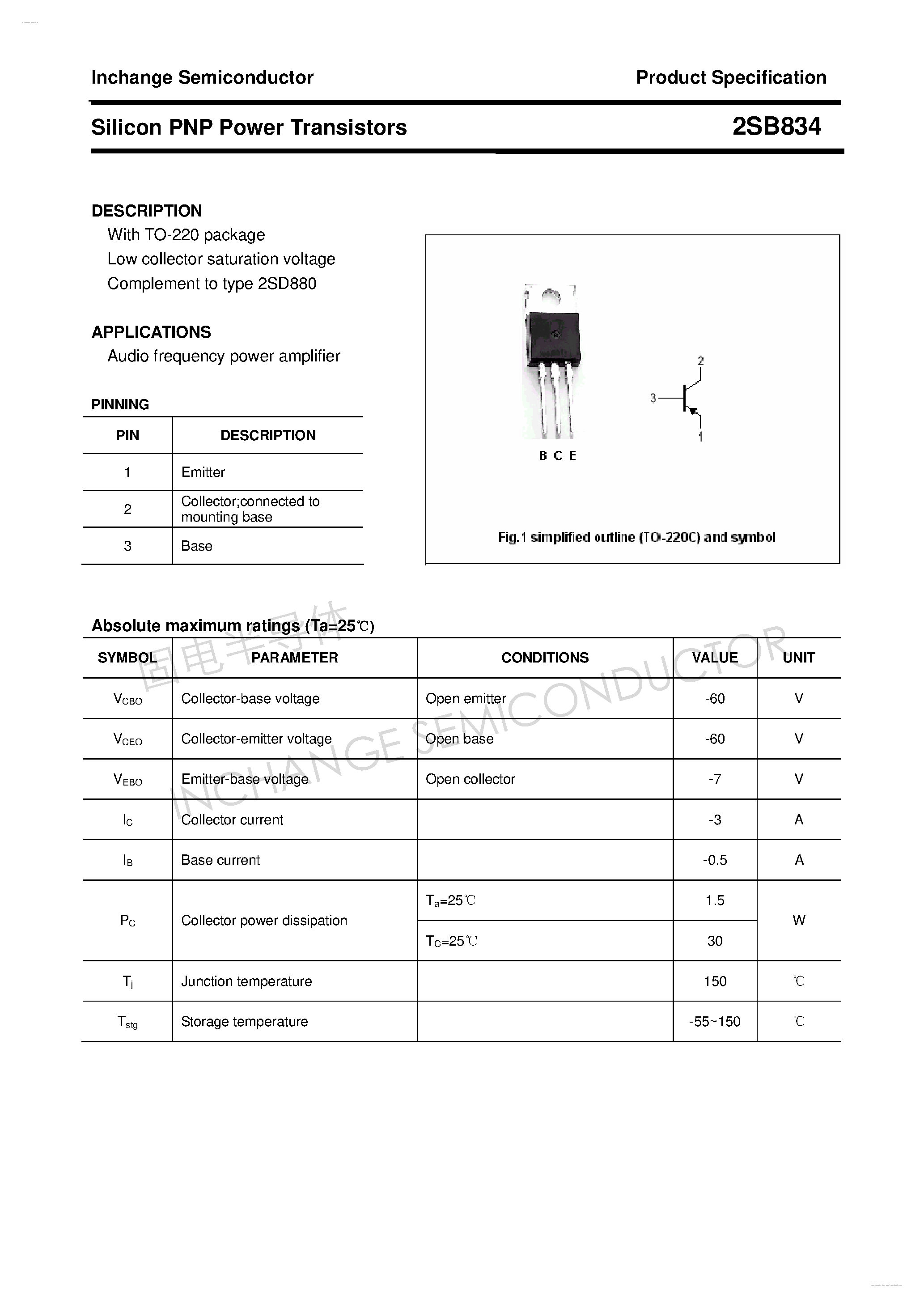 Даташит 2SB834 - Silicon PNP Power Transistors страница 1