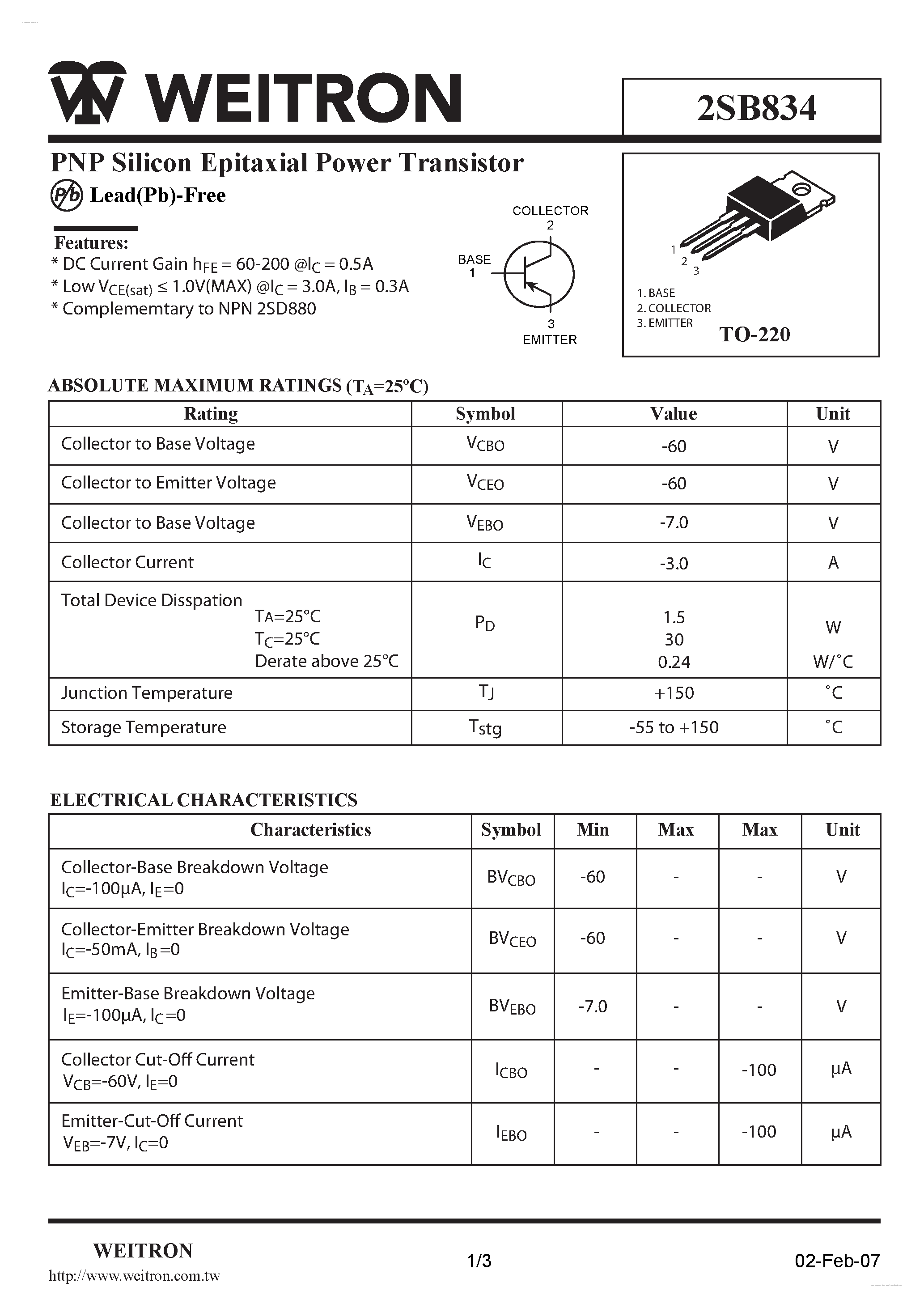Datasheet 2SB834 page 1 Datasheet 2SB834 - PNP Silicon Epitaxial Power Transistor page 1