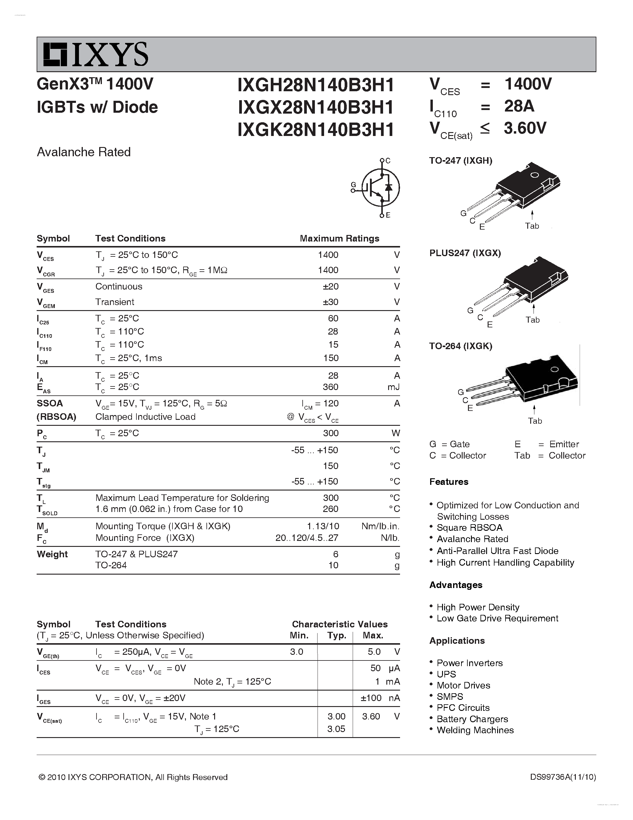 Datasheet IXGH28N140B3H1 - GenX3 1400V IGBTs w/ Diode page 1