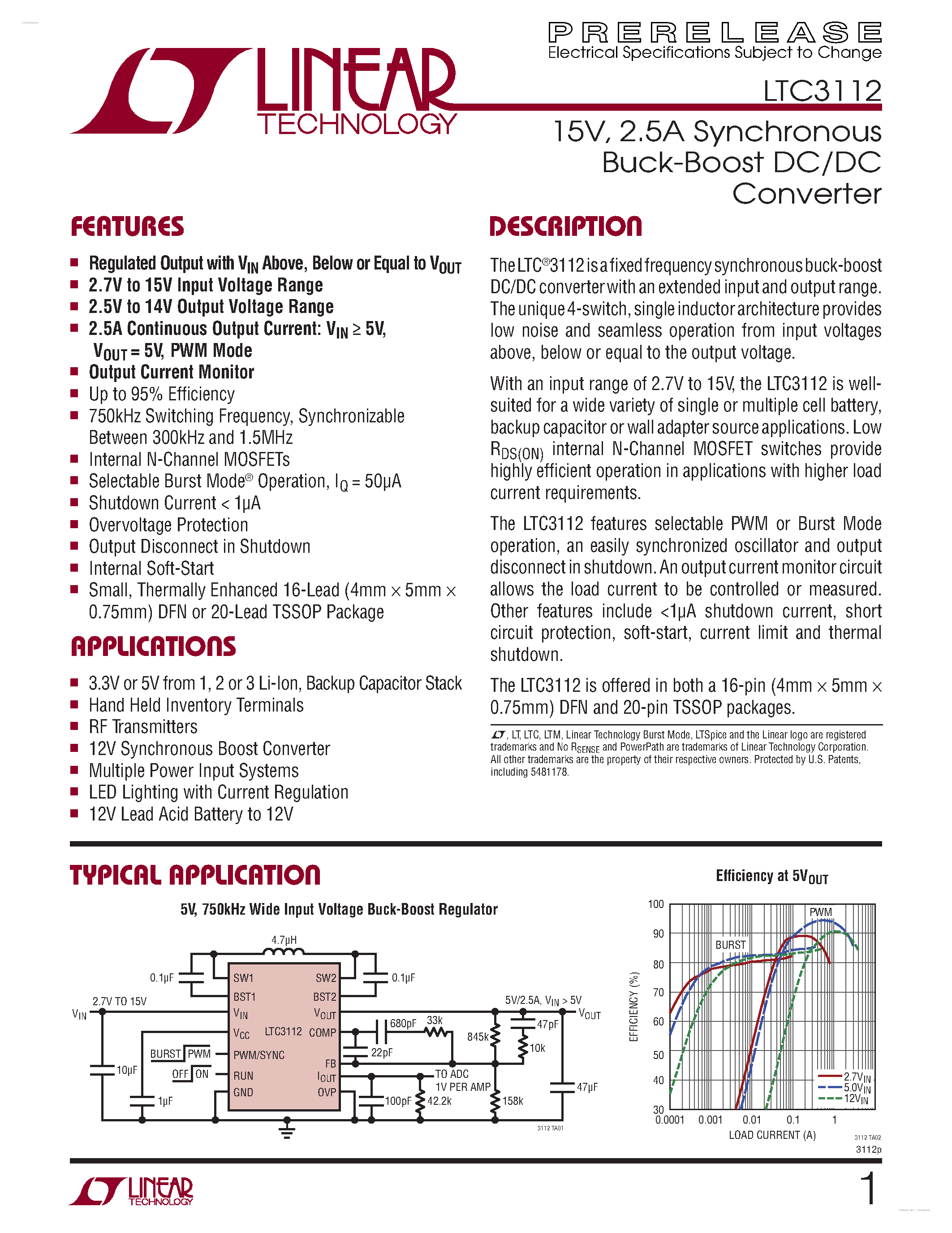 Даташит на микросхему LTC3112 страница 1 Даташит LTC3112 - 2.5A Synchronous Buck-Boost DC/DC Converter страница 1